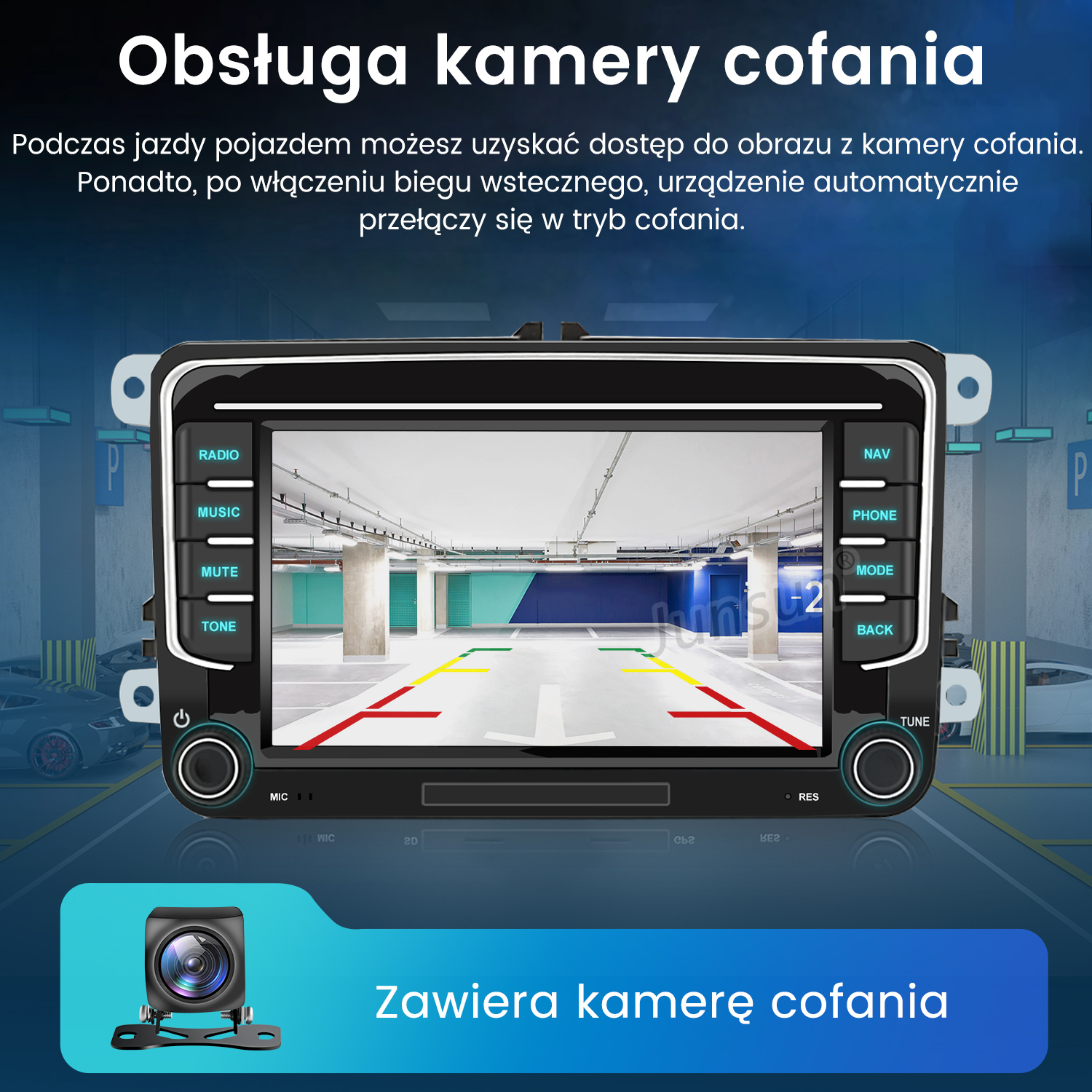 Radio samochodowe wyświetla widok z kamery cofania parkingu z liniami.