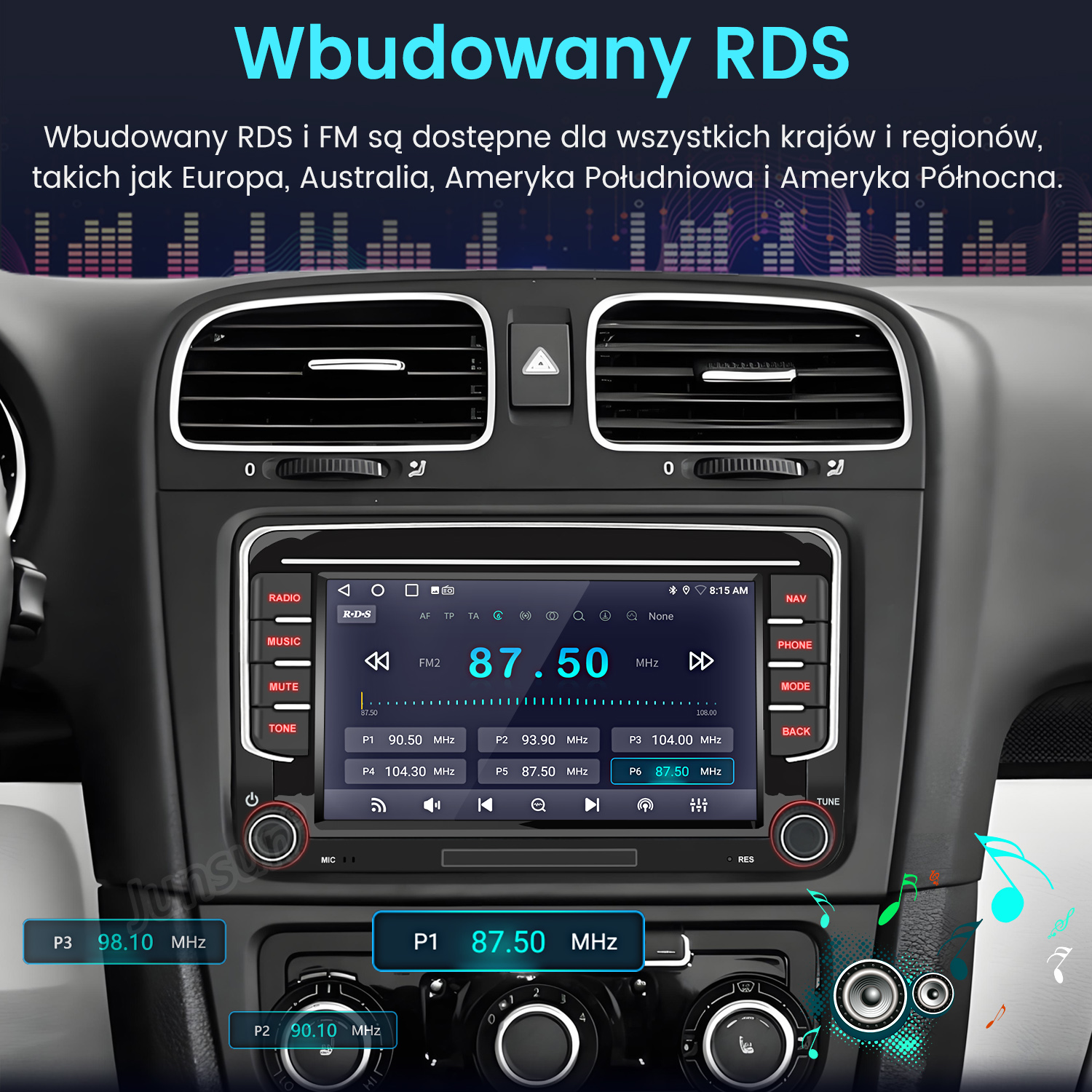 Radio samochodowe z funkcją RDS i częstotliwościami stacji.