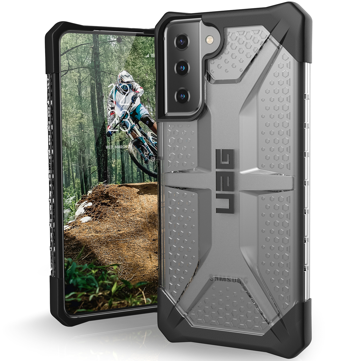 Een smartphone in een robuuste hoes met een mountainbiker op het scherm.