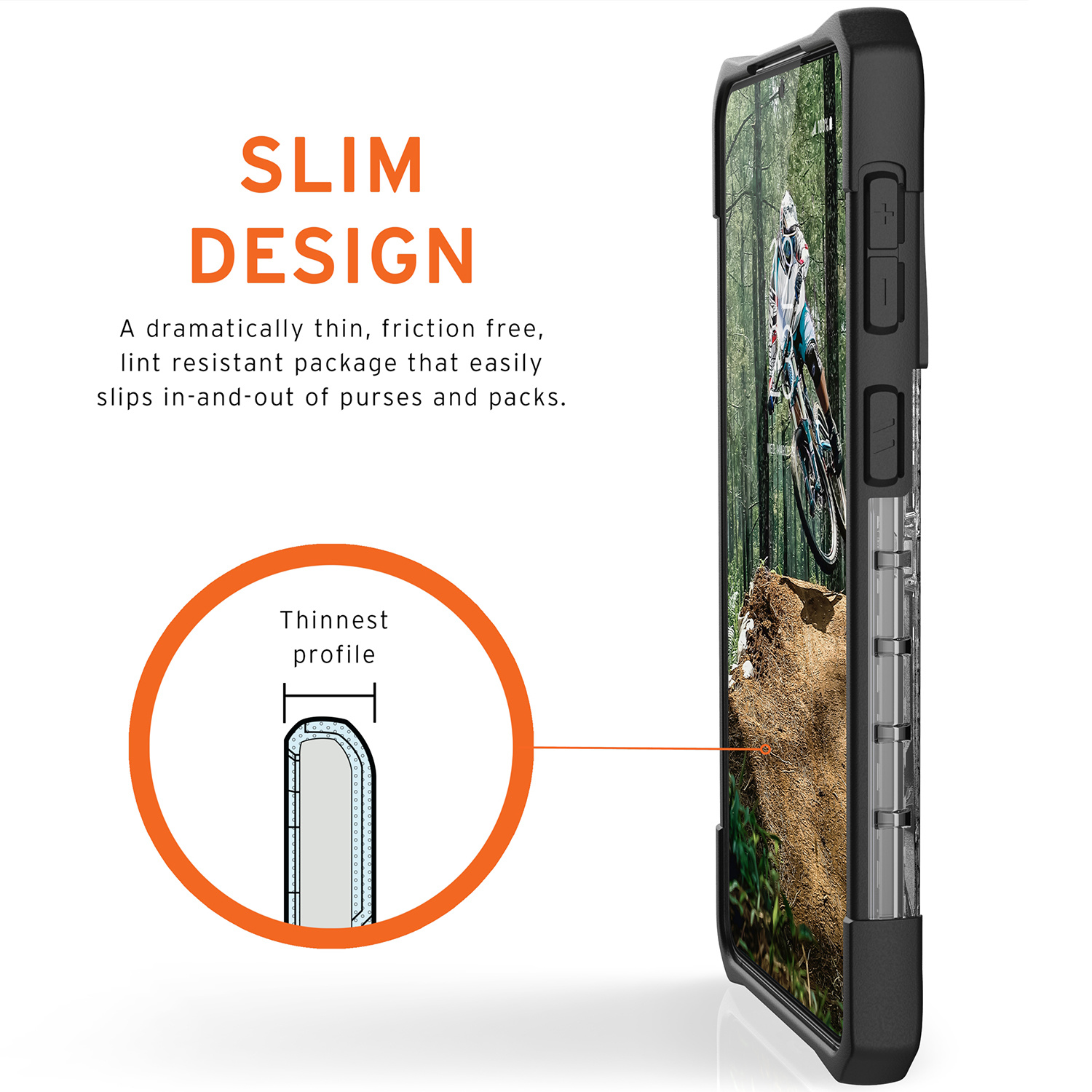 Telefoonhoesje met slank design, met een wielrenner op het scherm.