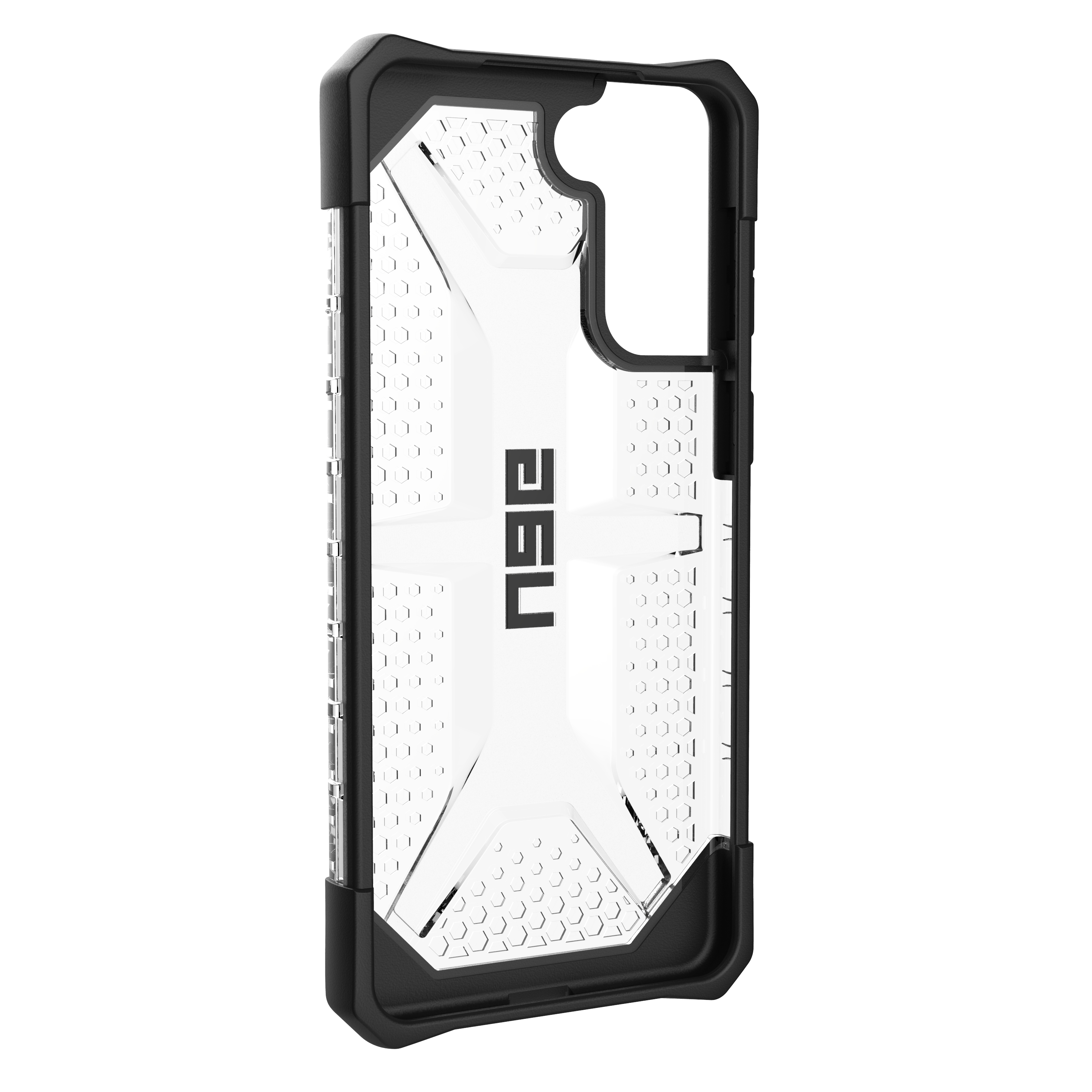 Zwarte en doorzichtige telefoonhoes met honingraatpatroon en logo.