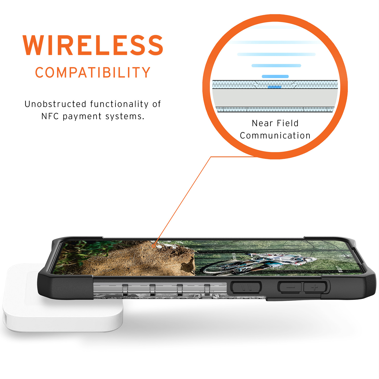 Smartphone hoesje met NFC-communicatiediagram en fietsafbeelding.