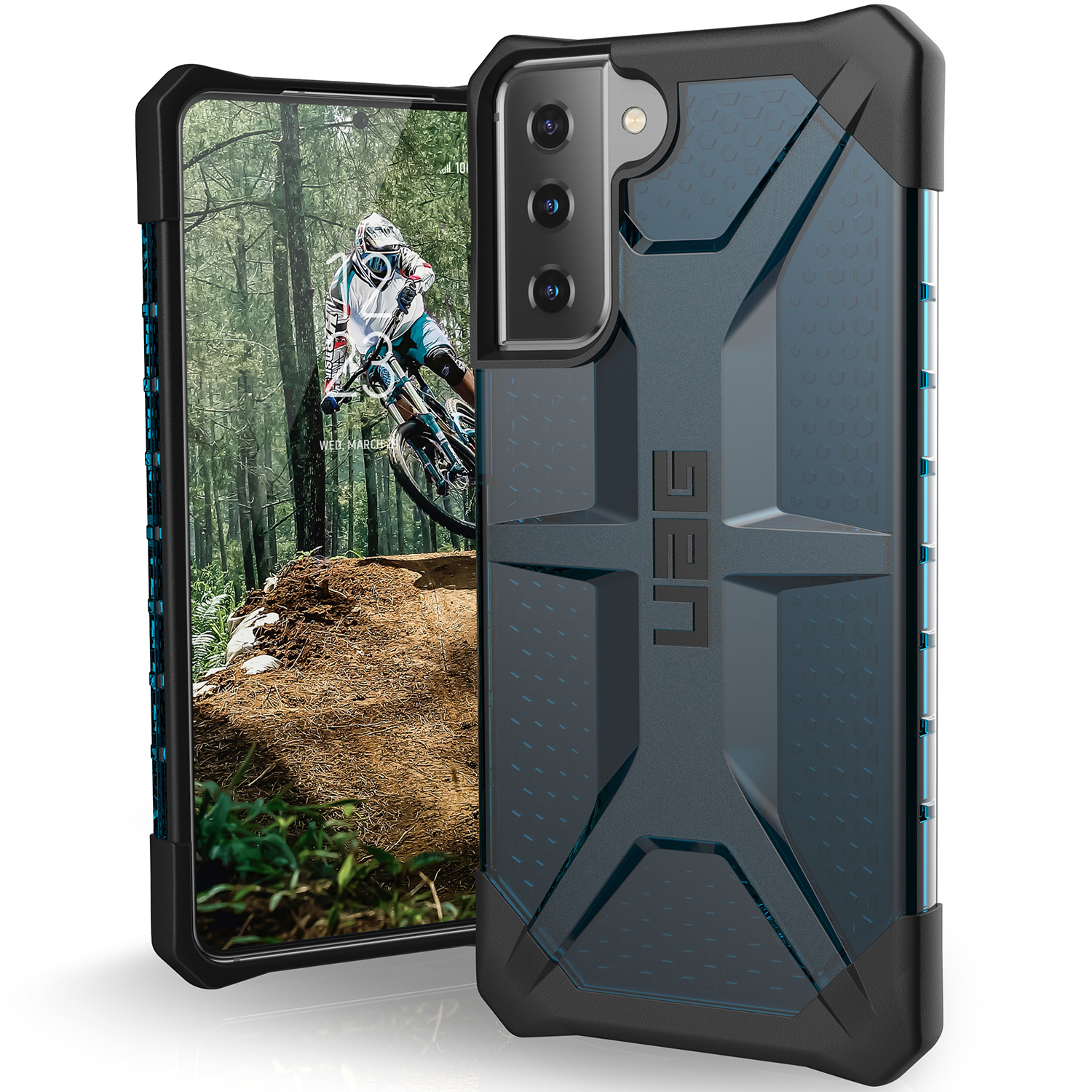 Een robuuste smartphone met een blauw, getextureerd hoesje en een mountainbiker op het scherm.