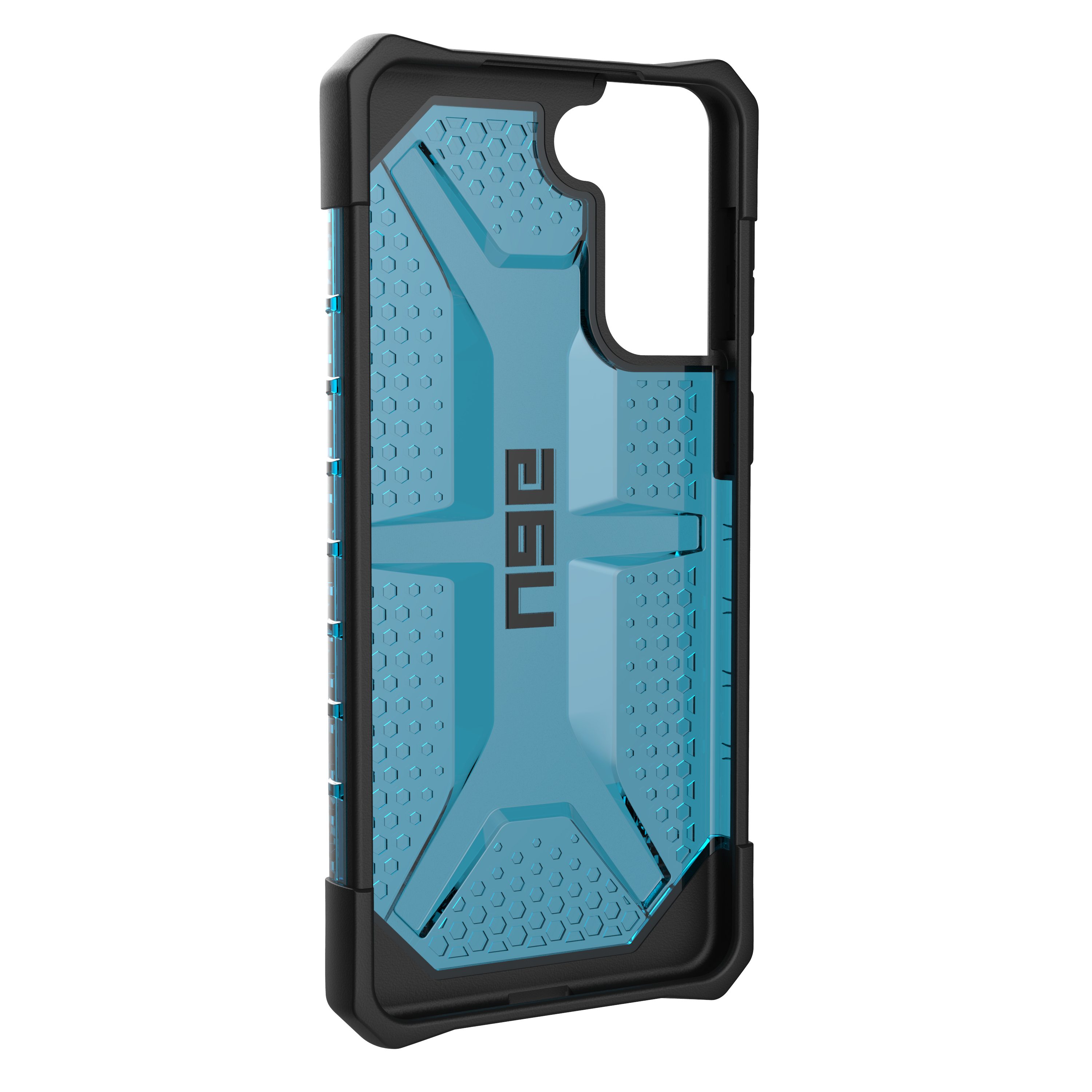 Blauw telefoonhoesje met zwart frame en hexagonaal patroon.