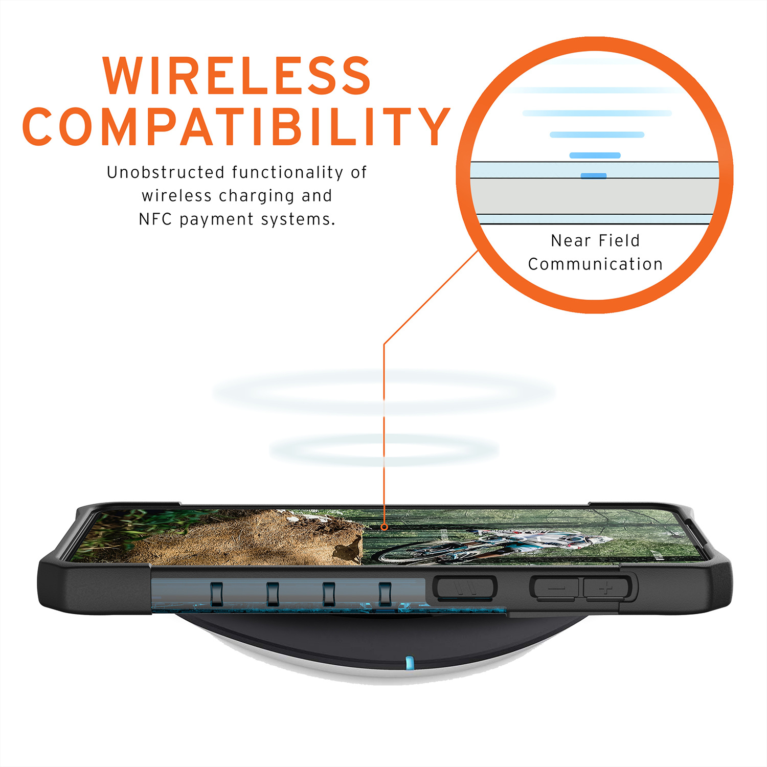 Een smartphonehoes op een draadloze oplader, met NFC.