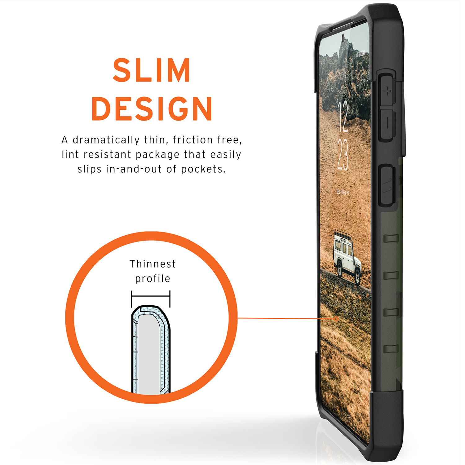 Slanke telefoonhoes met dun profiel en landschapsafbeelding.