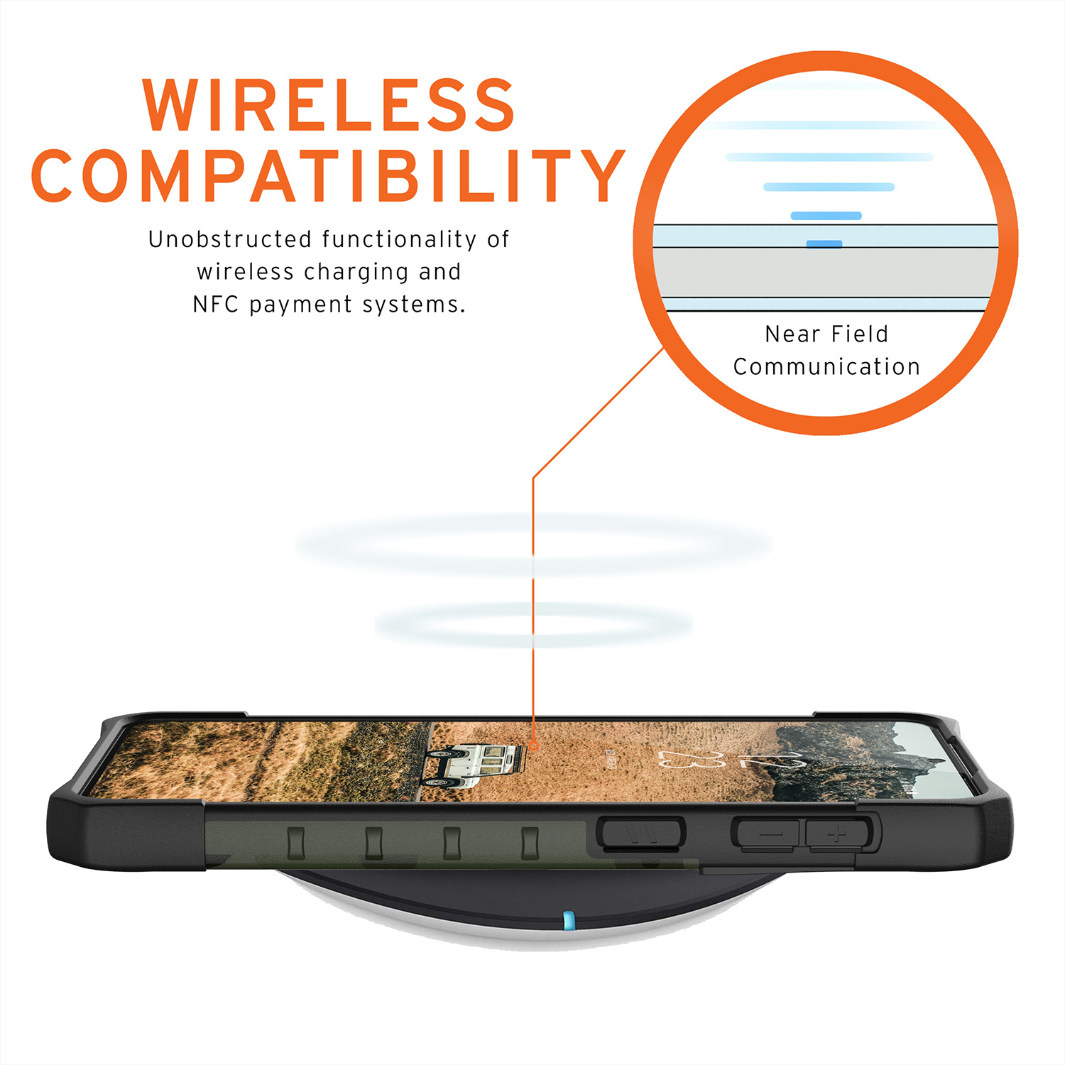 Een smartphone laadt draadloos op een pad, met NFC-functionaliteit.