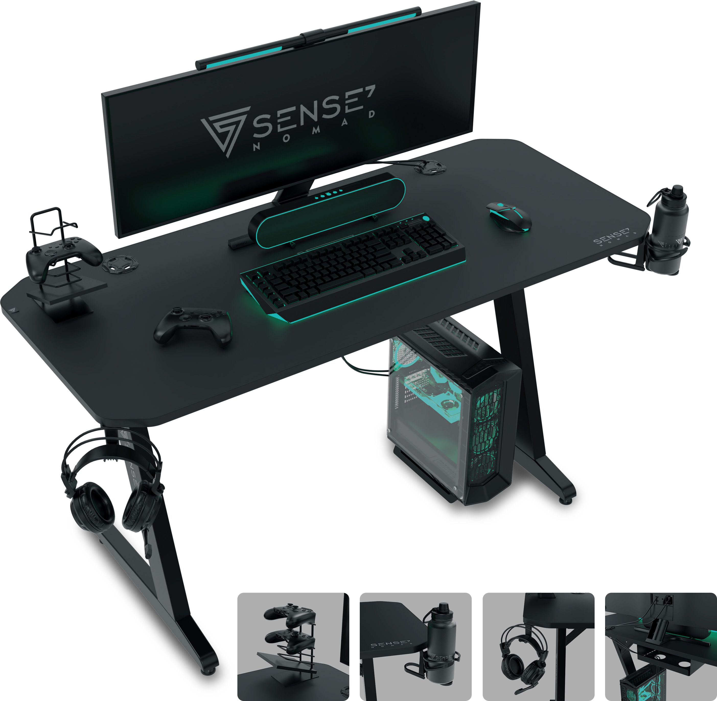 Een zwarte gaming bureau met monitor, toetsenbord, muis, pc en headset.