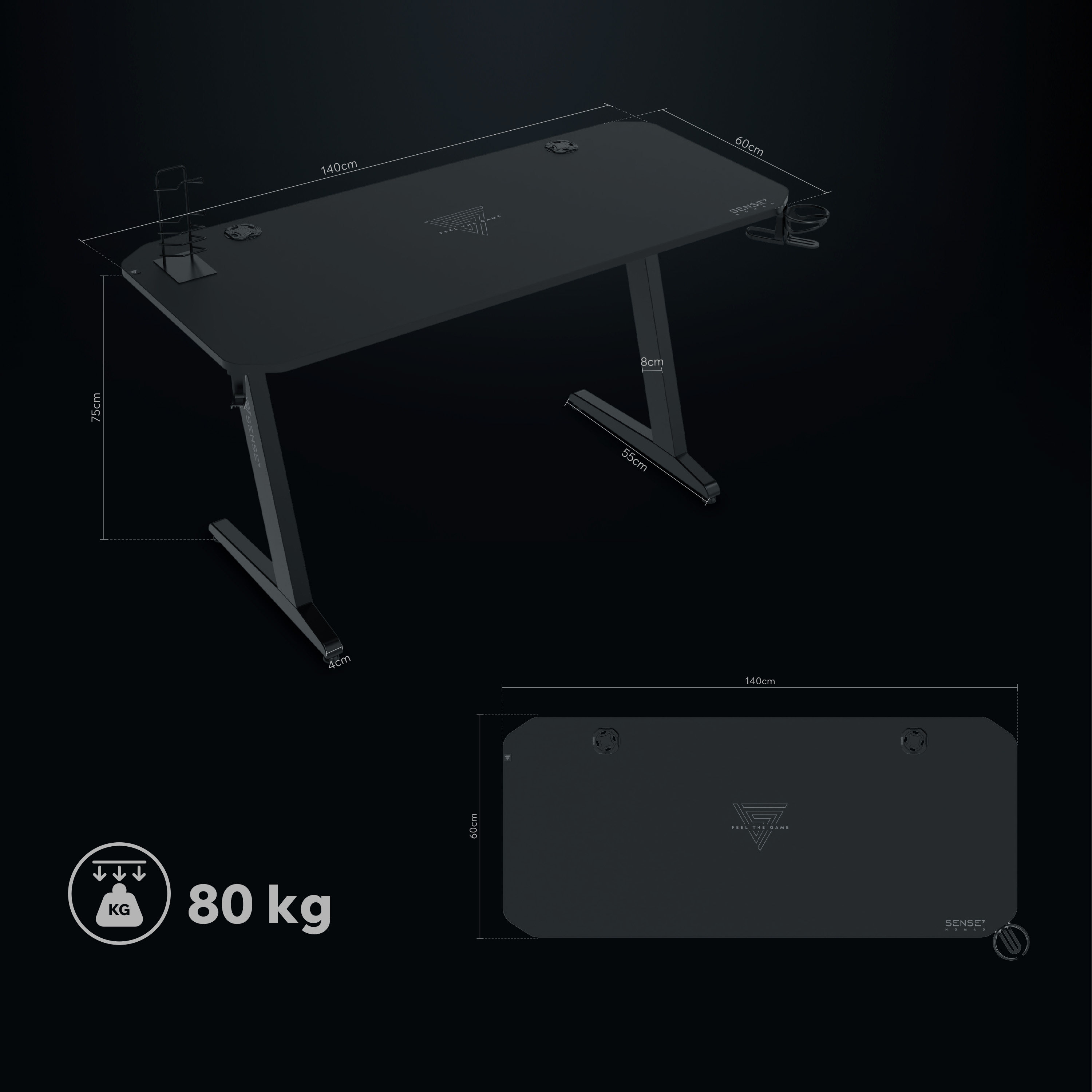 Zwarte gaming bureau met Z-poten, 140x60x75cm, 80kg capaciteit.