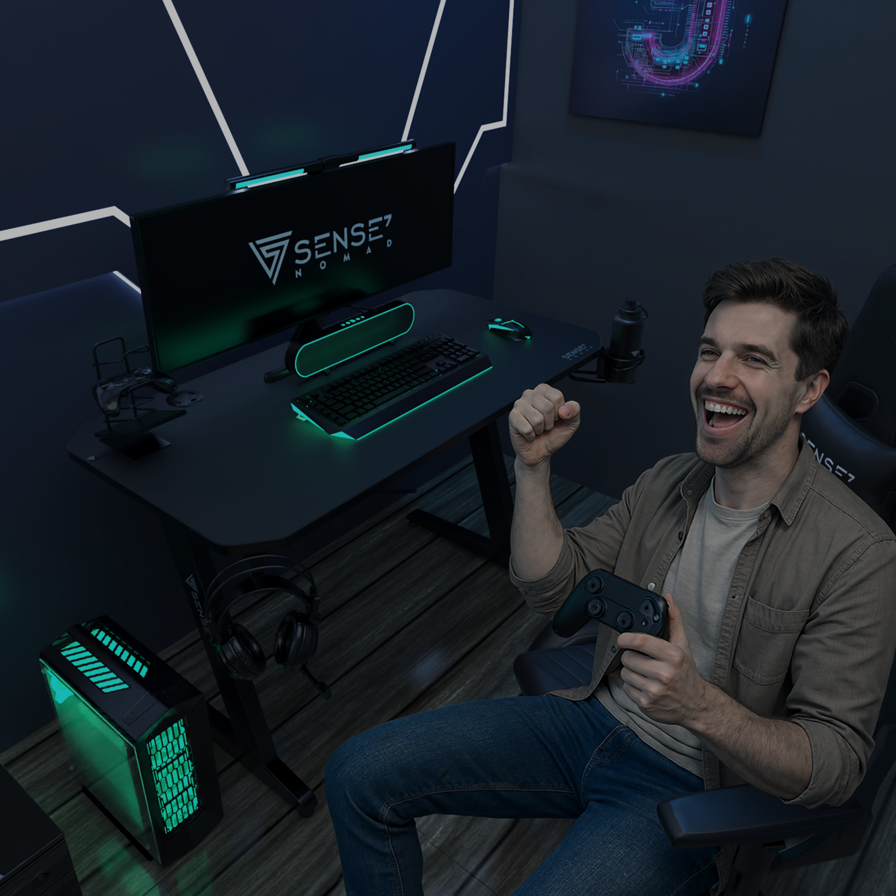 Man speelt videogame met controller in een gaming setup met groene verlichting.