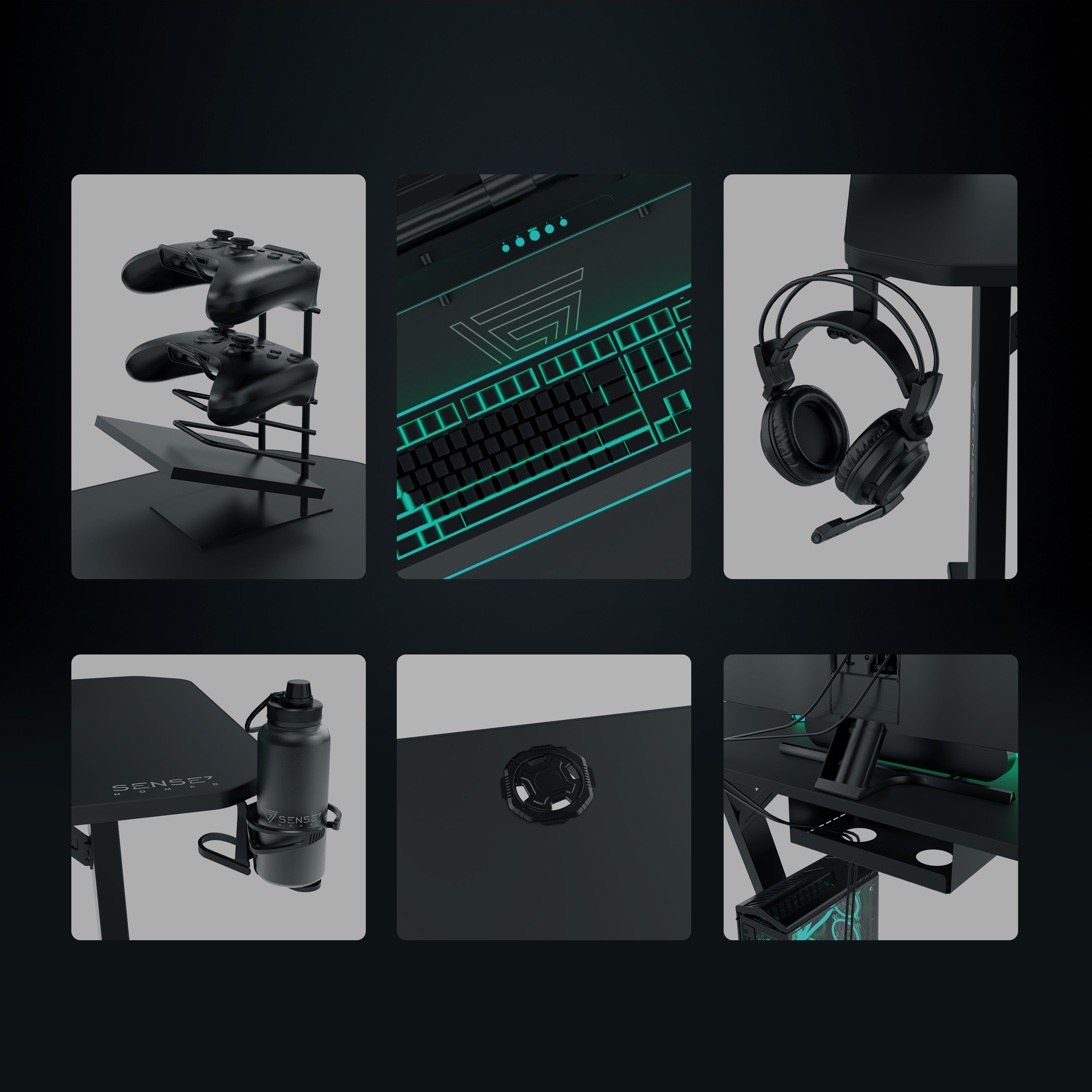 Gaming accessoires: Controllerhouder, verlicht toetsenbord, koptelefoon, fles, pc-behuizing.