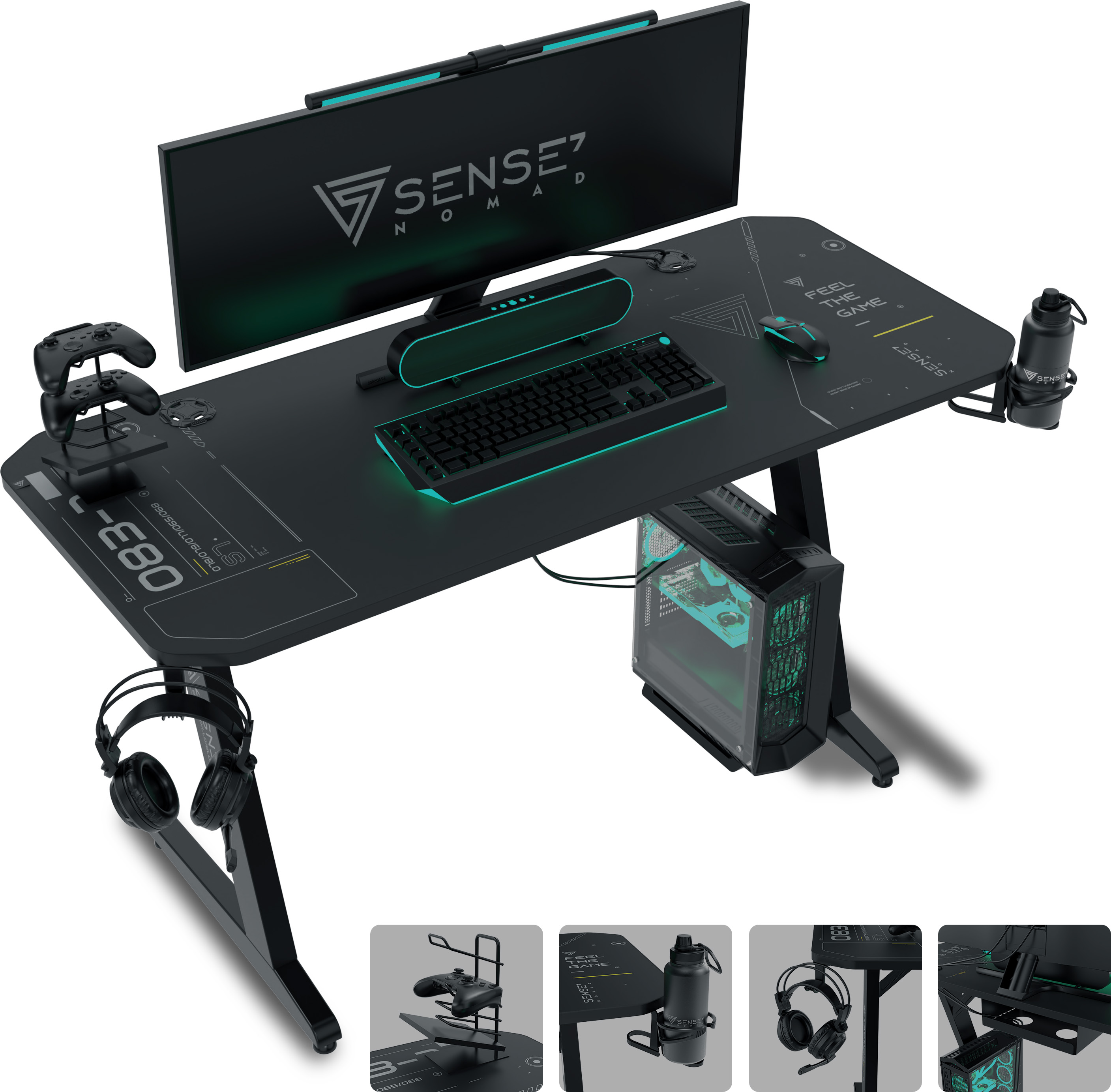 Zwart gamingbureau met monitor, toetsenbord, muis, pc, controllers en koptelefoon.