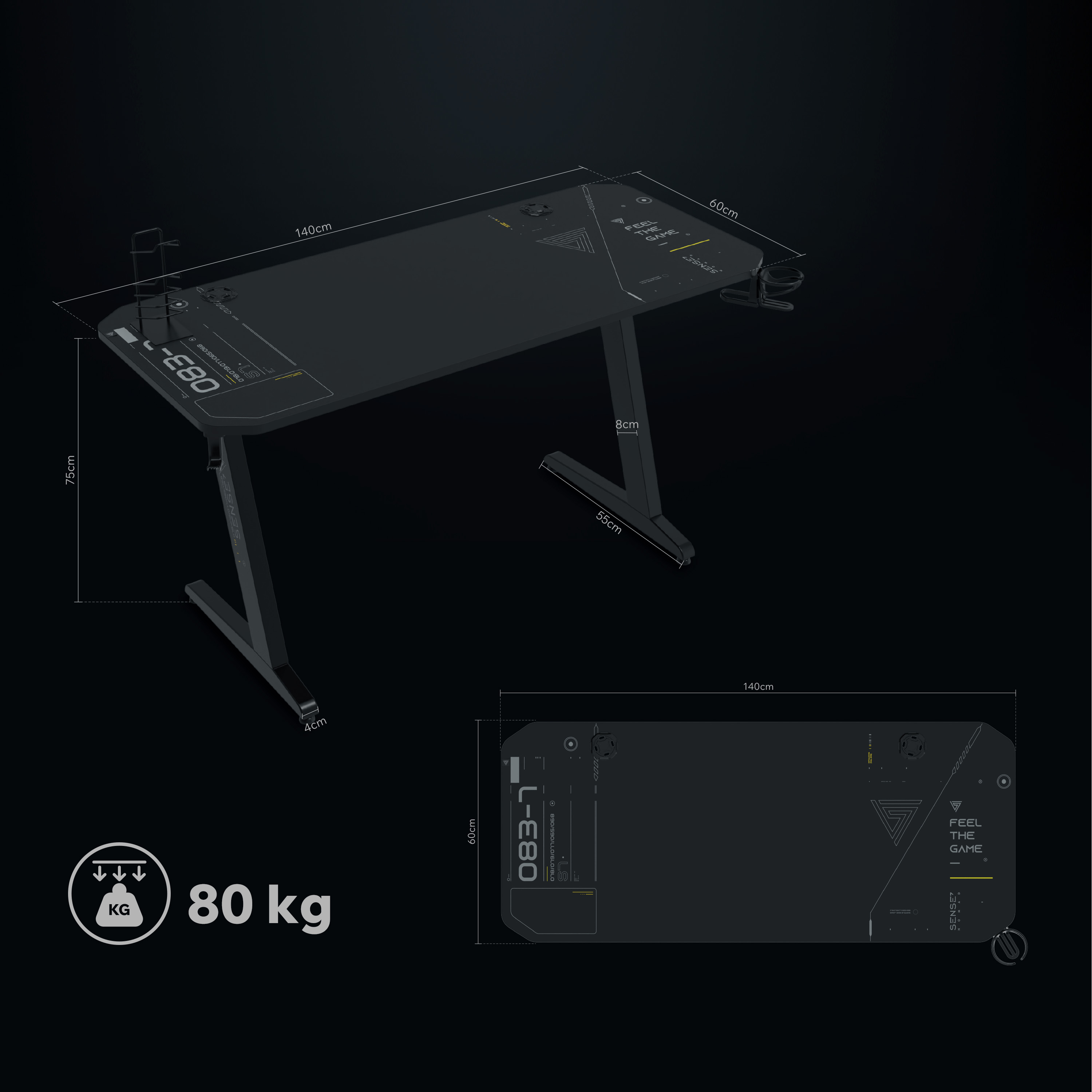 Zwarte gaming bureau met Z-poten, 140x60cm, 80kg draagvermogen.