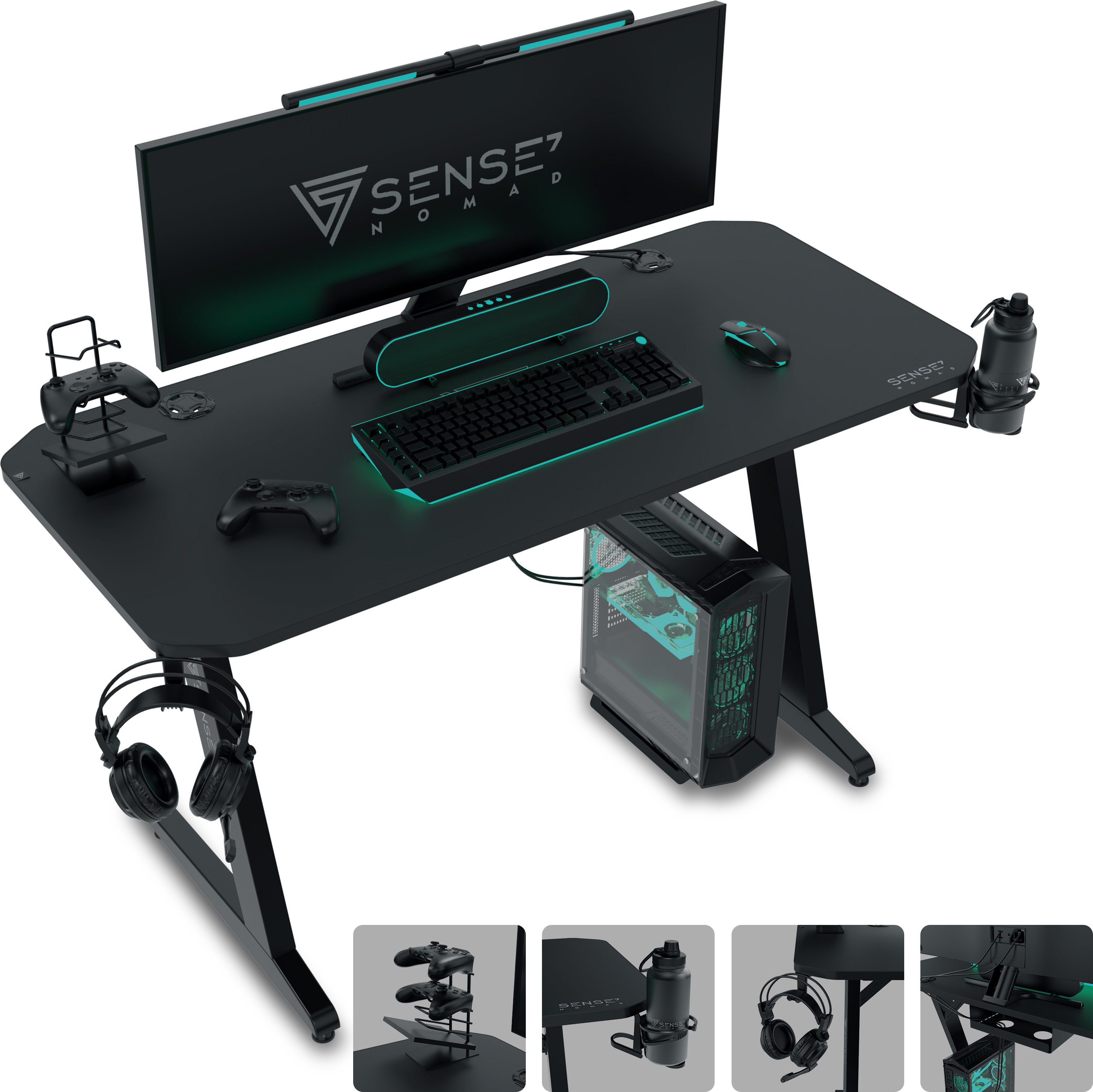 Zwart gamingbureau met monitor, toetsenbord, muis, pc, koptelefoon en controllers.