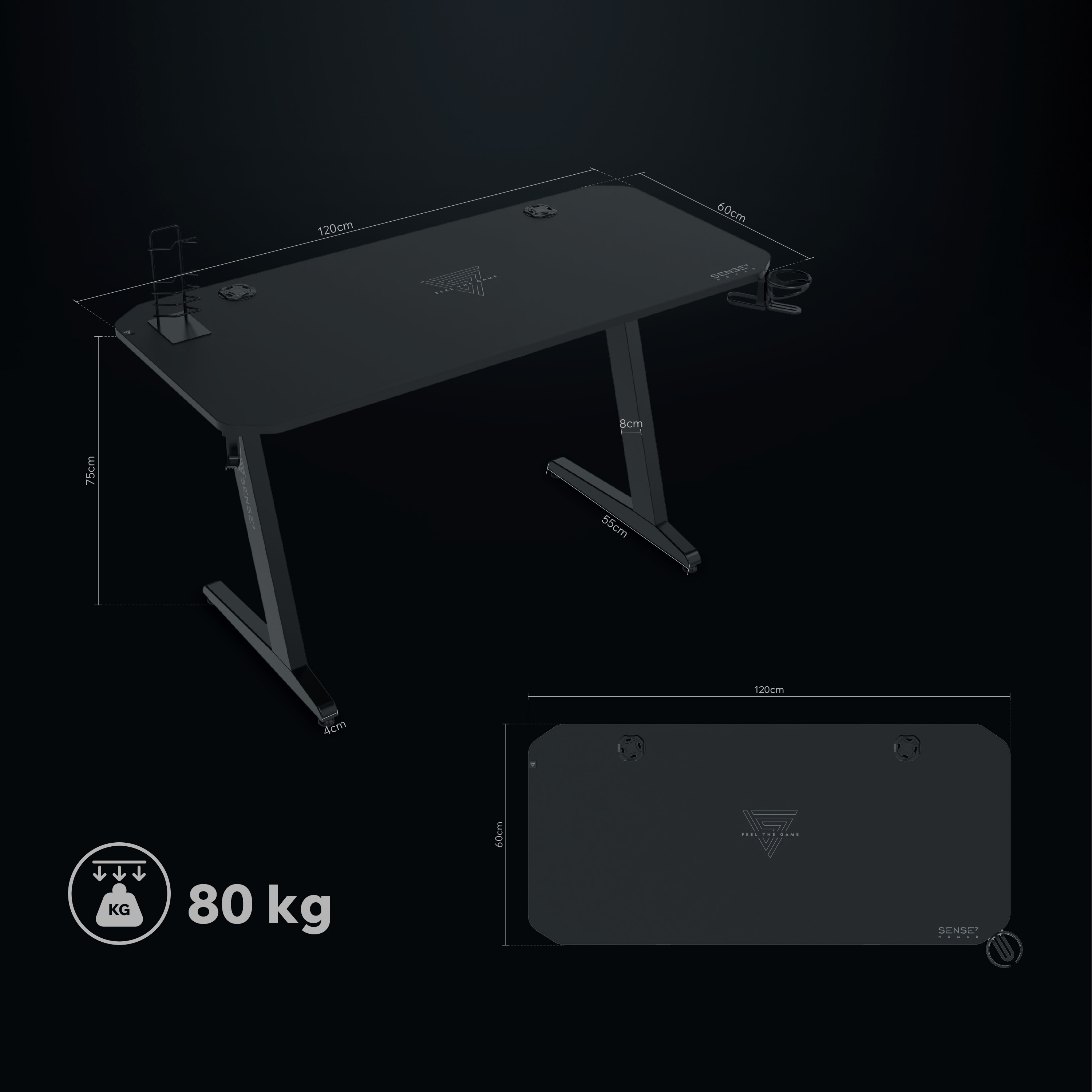 Zwarte bureau met Z-poten, 120x60x75cm, 80kg capaciteit.