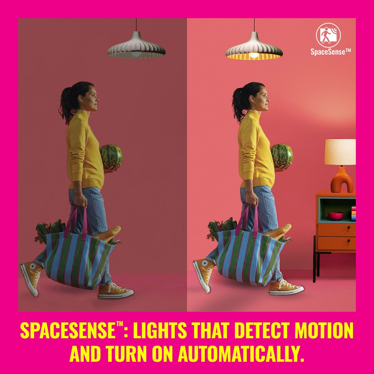 Kobieta z torbą na zakupy i arbuzem, światło się zapala.