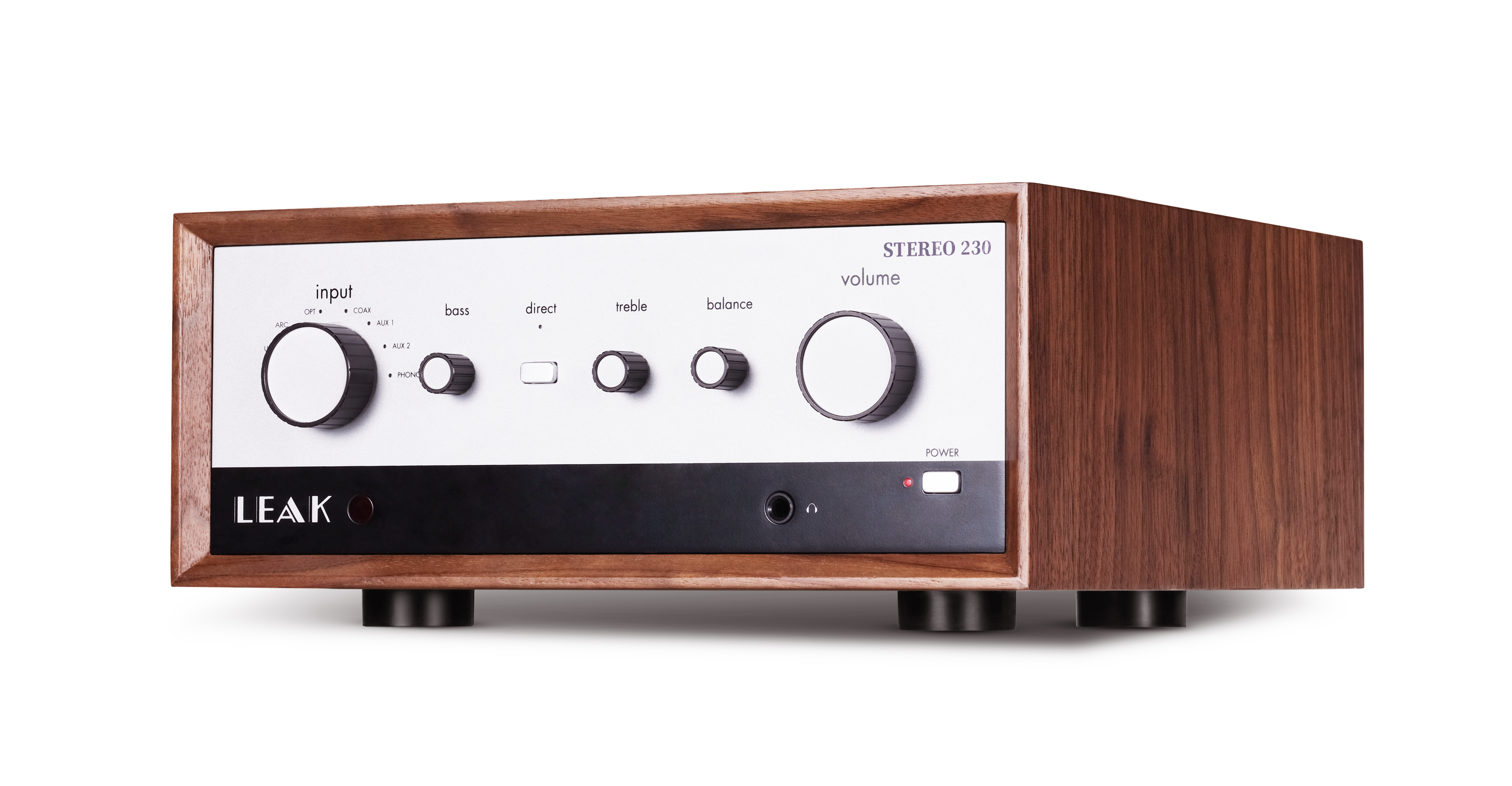Een Leak Stereo 230 versterker met houten behuizing, draaiknoppen en knoppen.