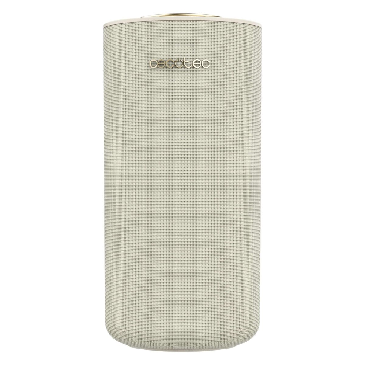 Un altoparlante cilindrico color crema con motivo discreto e logo in alto.