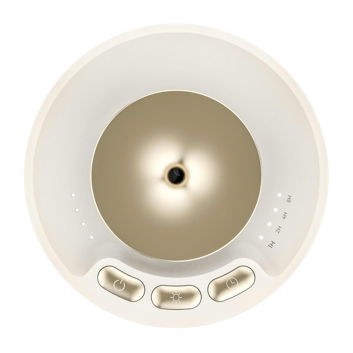 Un diffusore bianco con tre pulsanti e opzioni timer su sfondo bianco.