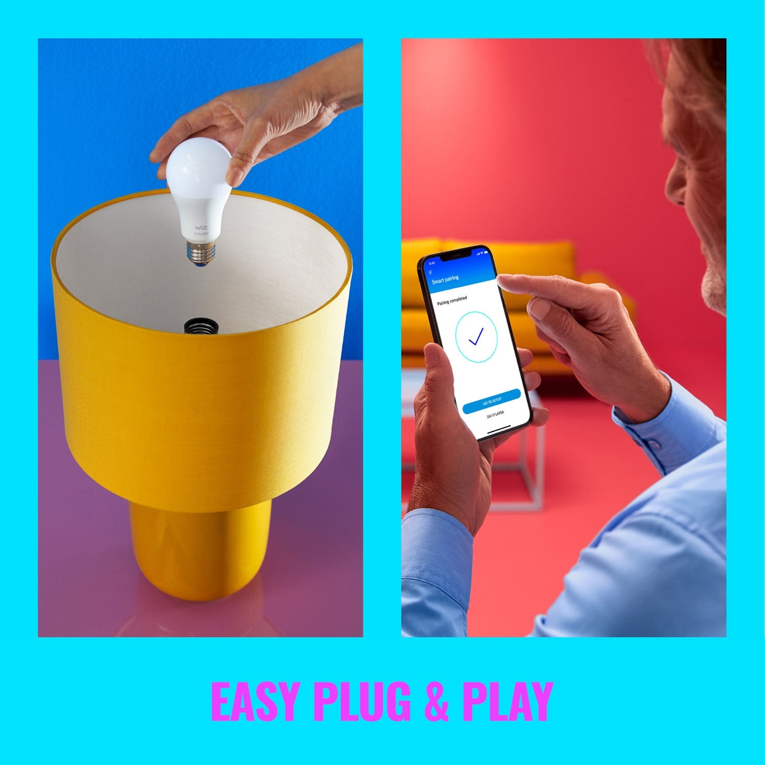 Een hand plaatst een lamp in een lamp. Een man gebruikt een smartphone.