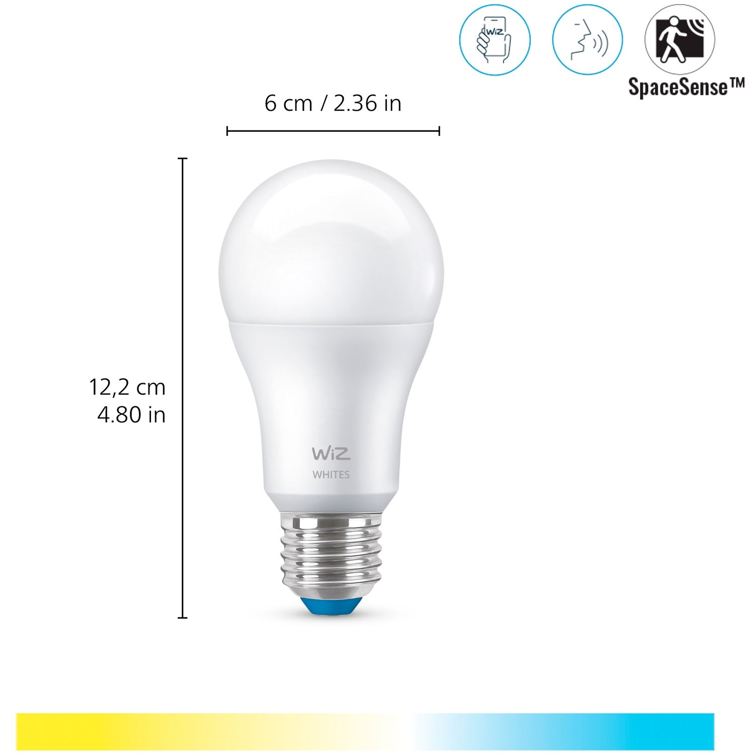 Witte lamp met afmetingen en iconen voor app-bediening en bewegingsdetectie.