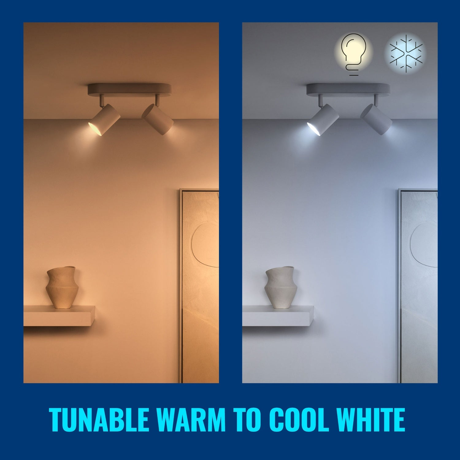 Two ceiling spotlights show warm and cool white light on a wall.
