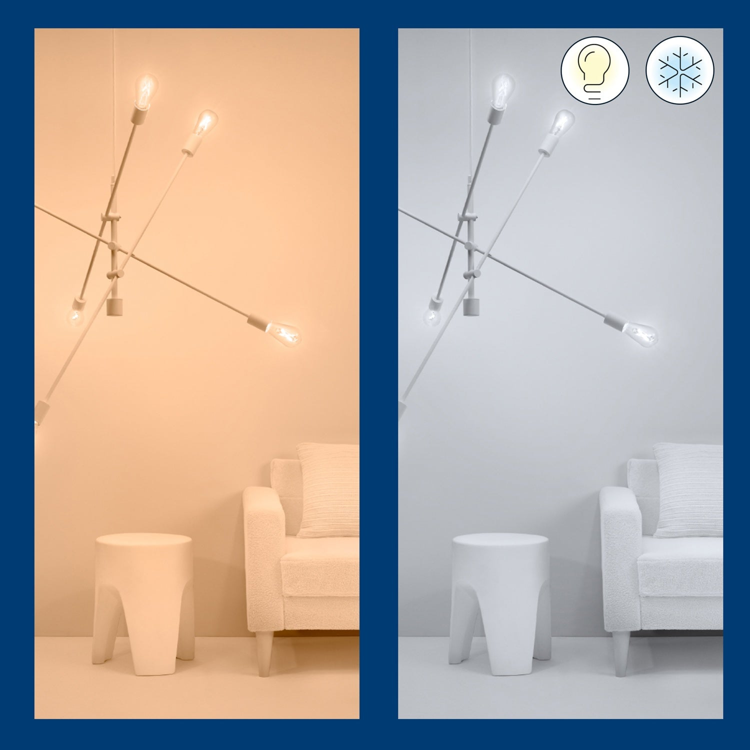 Moderne plafondventilator met vijf armen en lampen in warme en koele verlichting.