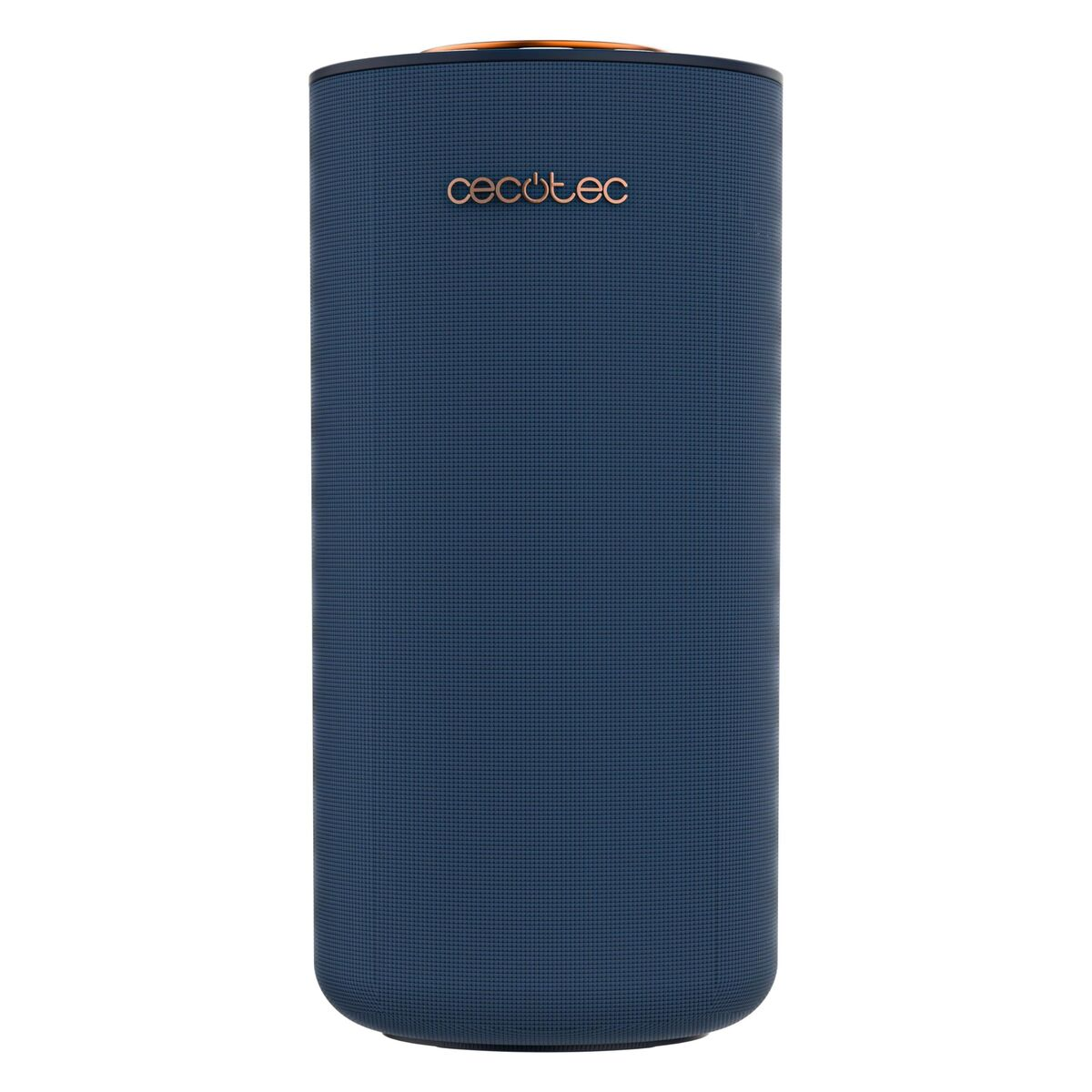 Un purificatore d'aria cilindrico blu scuro con il logo Cecotec in cima.