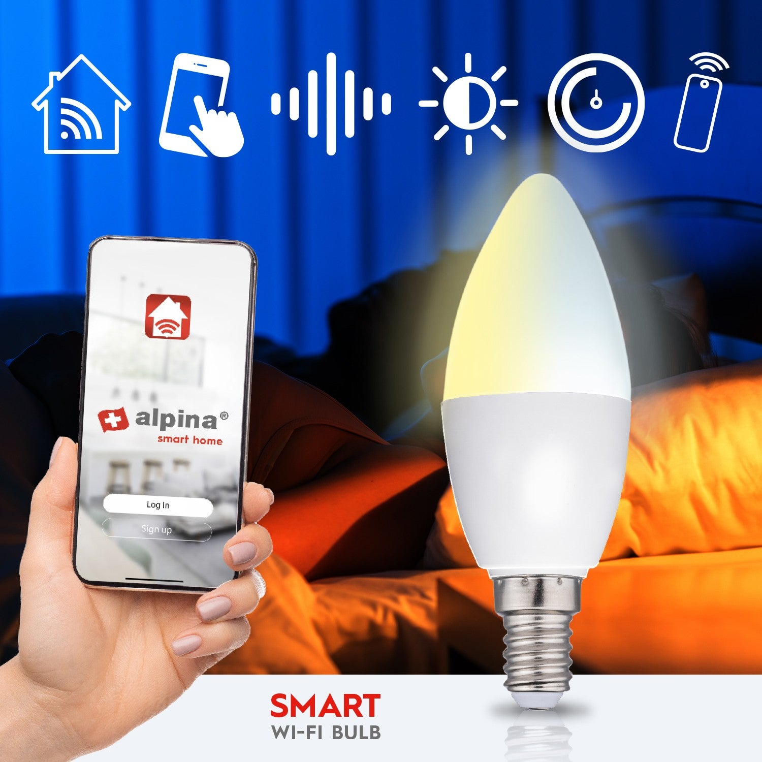Una mano tiene uno smartphone con l'app Alpina Smart Home. Una lampadina è accesa.