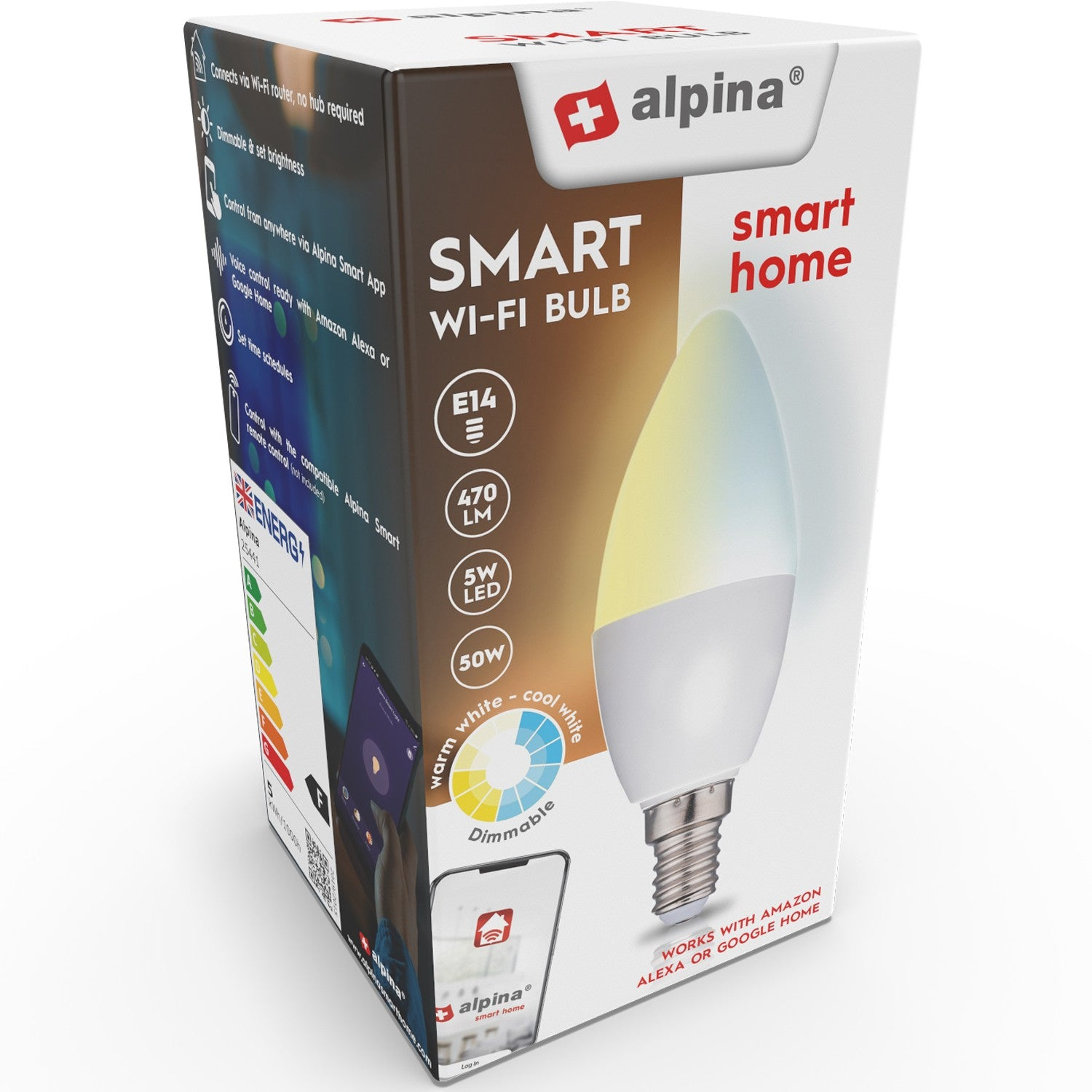 Confezione lampadina smart Wi-Fi Alpina con dettagli su funzioni e classe energetica.