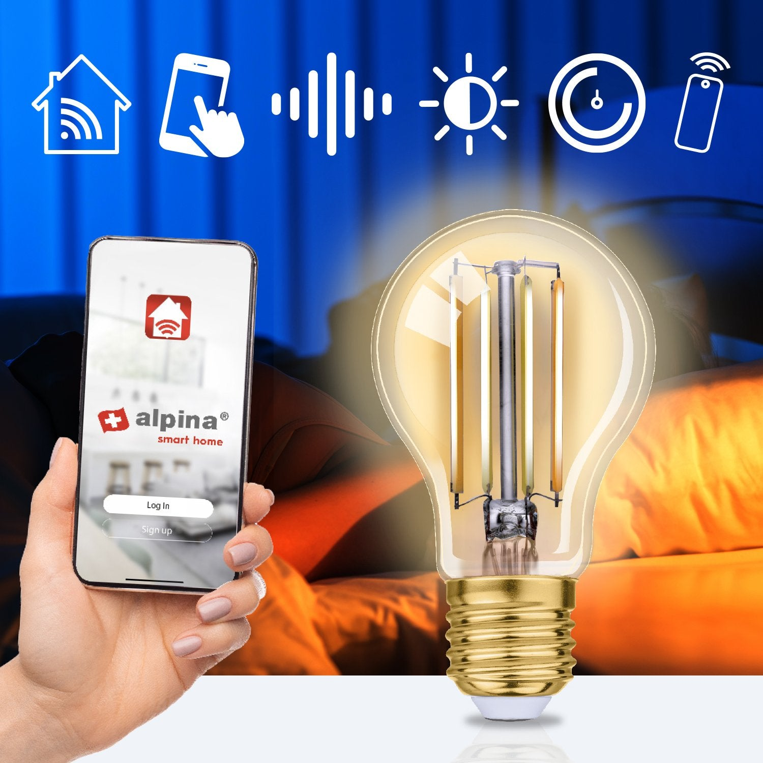 Una mano tiene uno smartphone con l'app Alpina Smart Home. Una lampadina a destra.