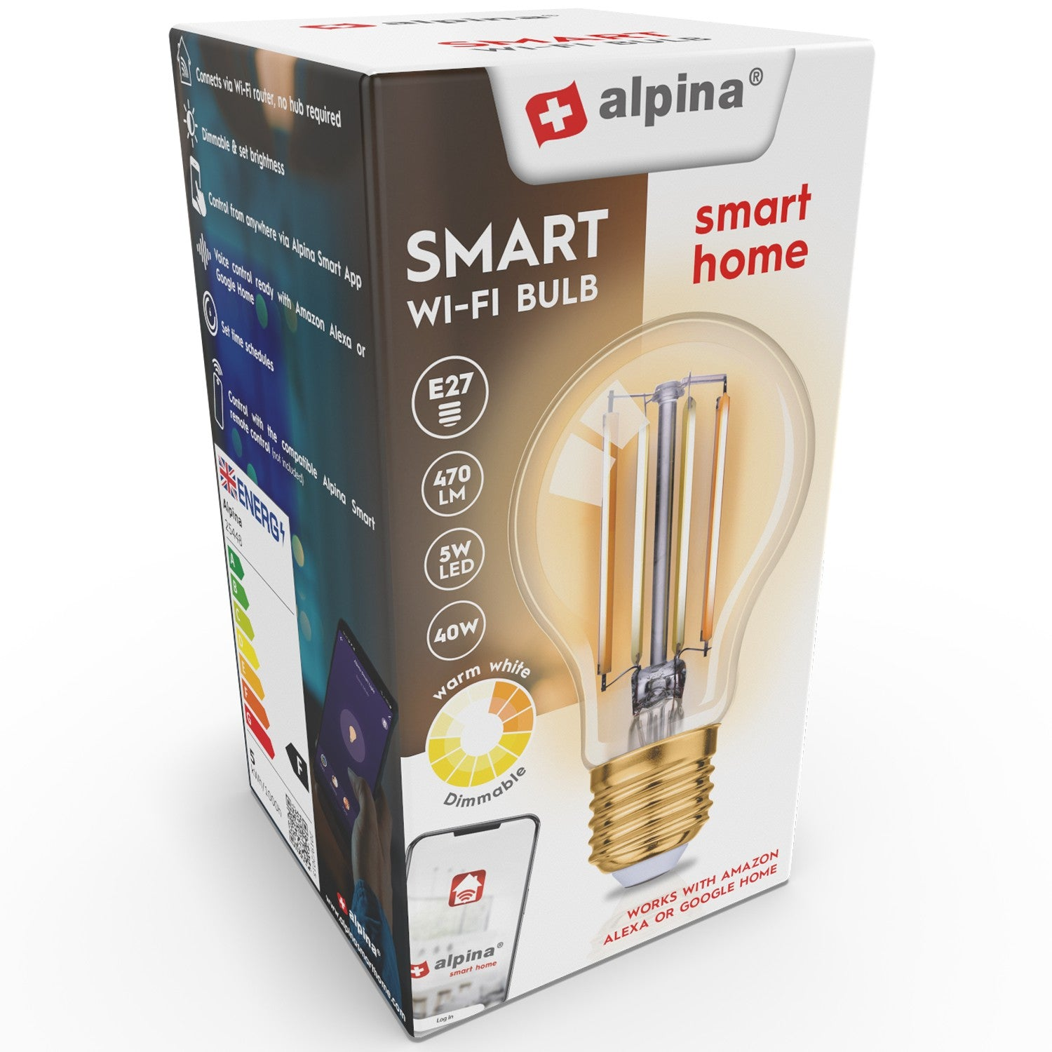 Confezione lampadina Smart Wi-Fi Alpina mostra lampadina, attacco E27, 5W LED, 40W equiv, bianco caldo.