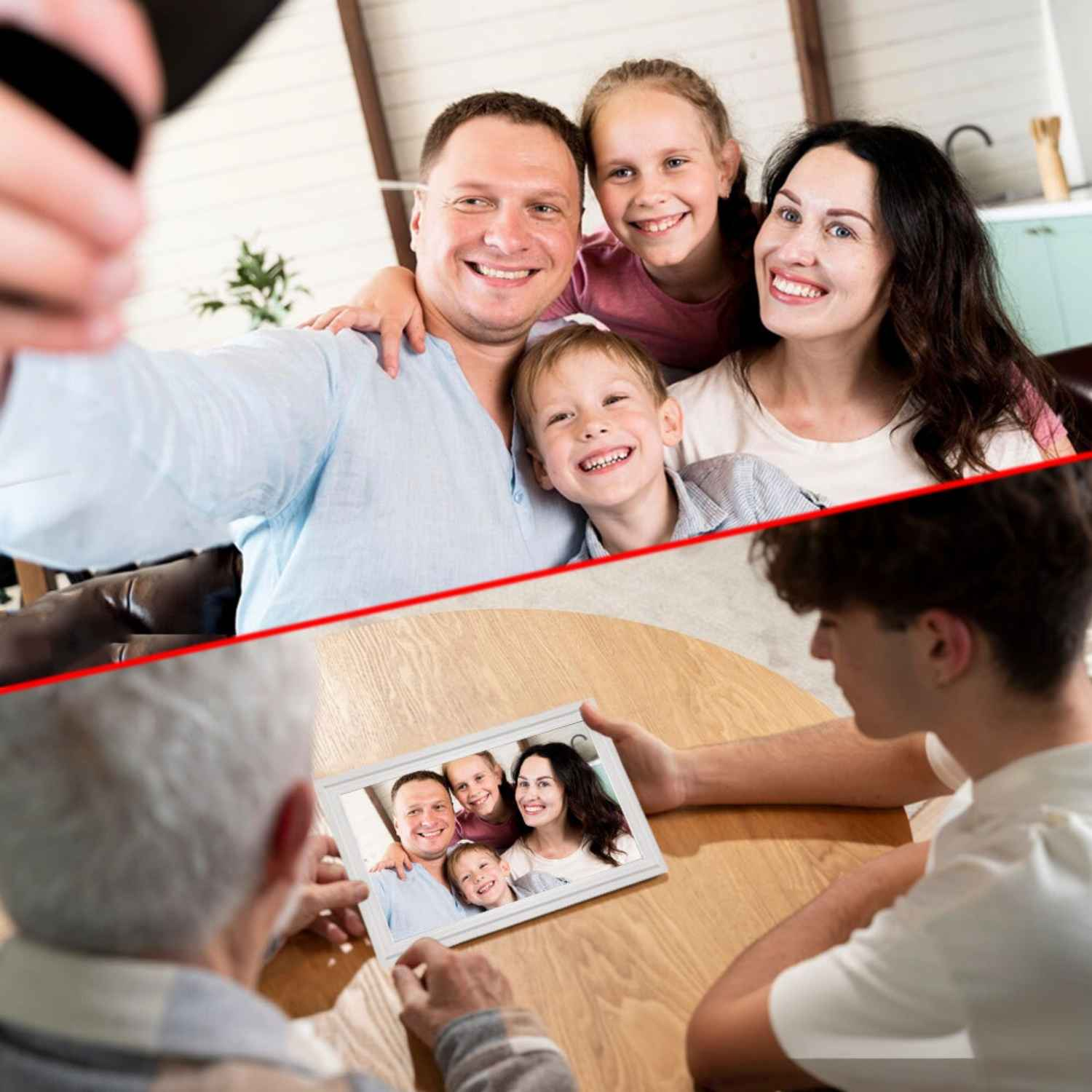 Familie macht ein Selfie, Mann hält Handy. Opa und Teenager schauen Foto an.