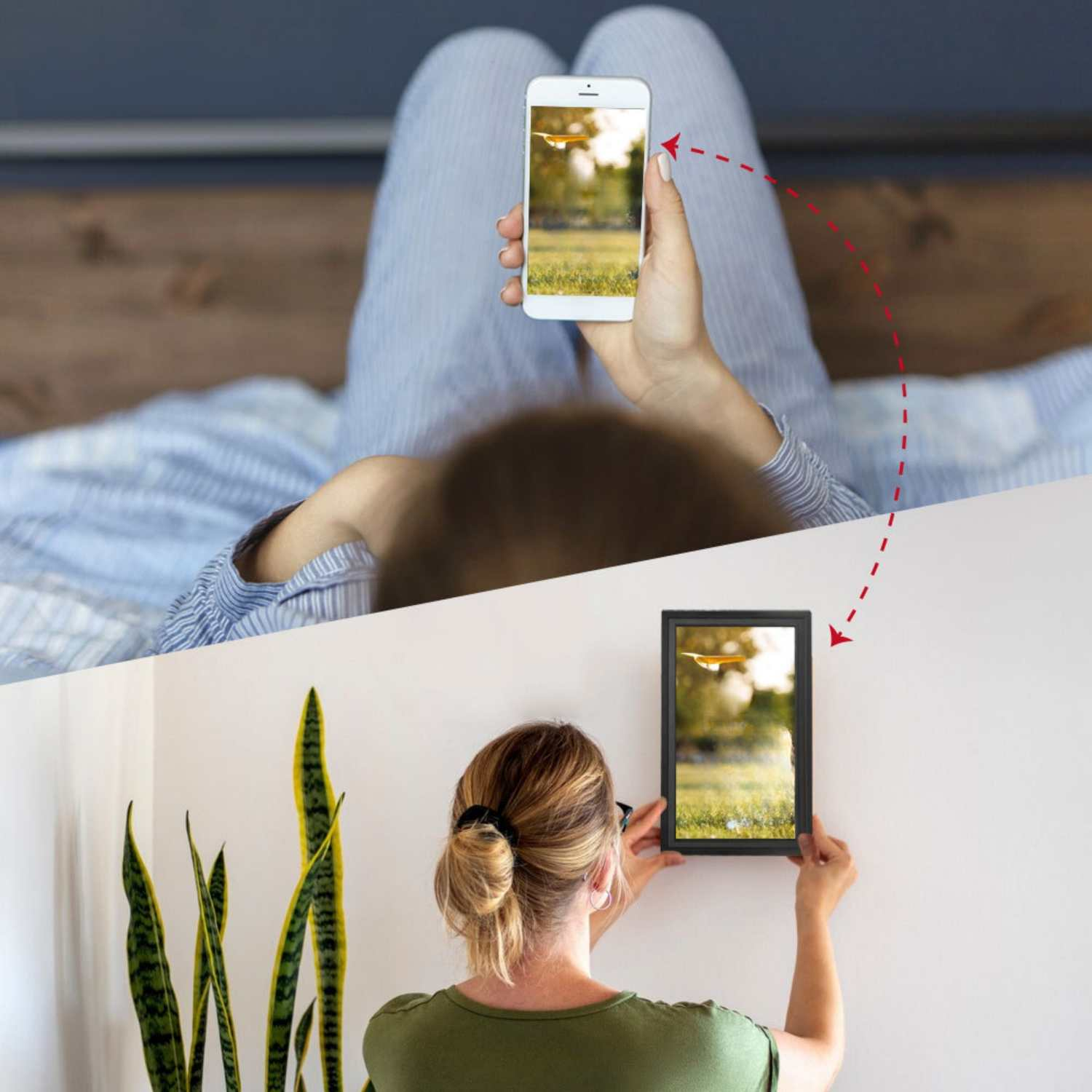 Frau hängt gerahmtes Bild mit Flugzeug-Motiv auf, während sie Handy hält.