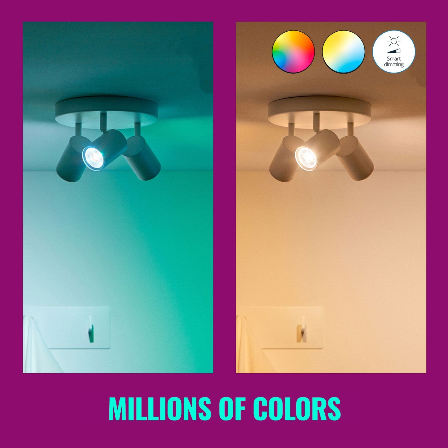 Reflektor sufitowy z trzema głowicami, oświetlony na zielono i żółto, z ikonami kół barw.