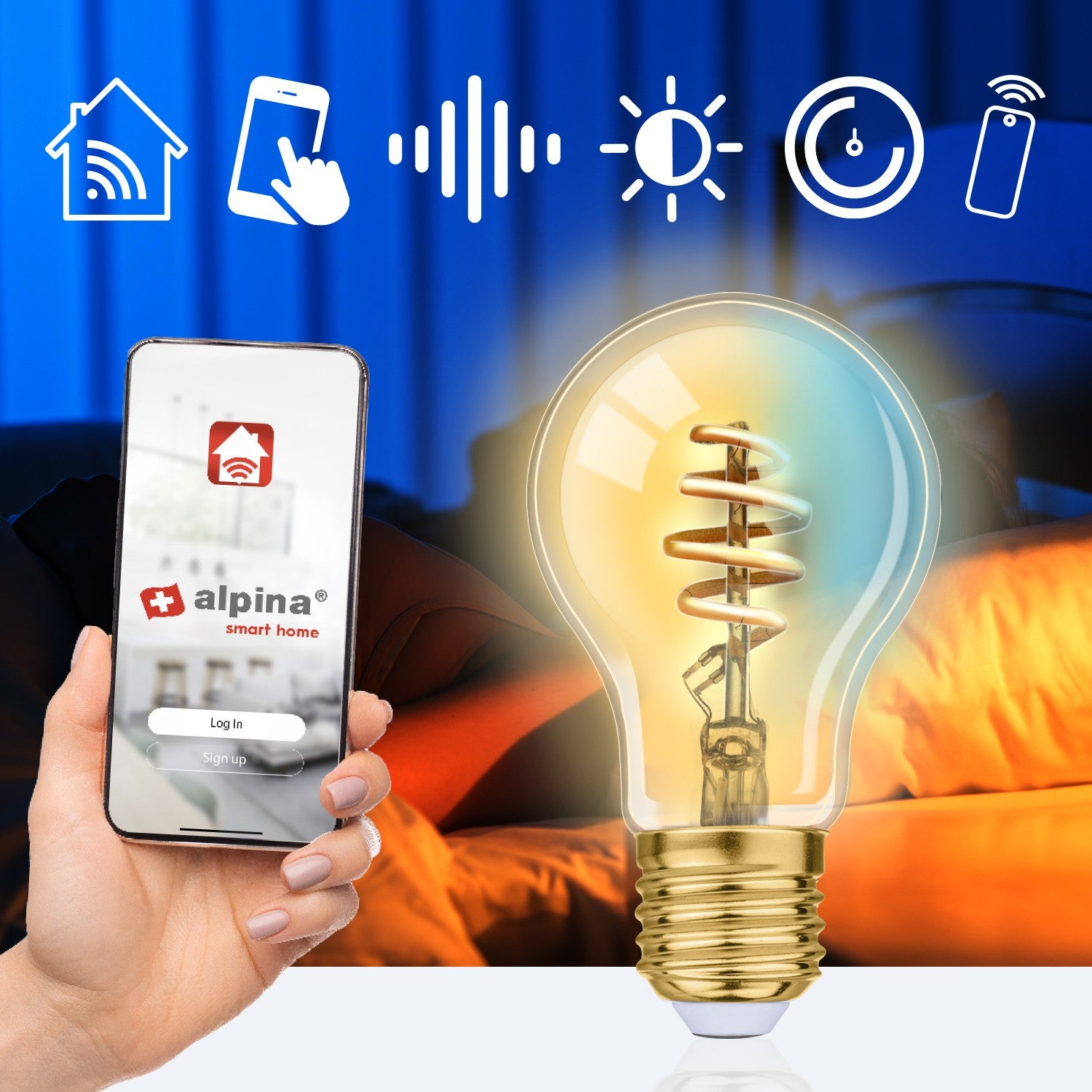 Uno smartphone mostra un'app per la smart home. Una lampadina è illuminata.