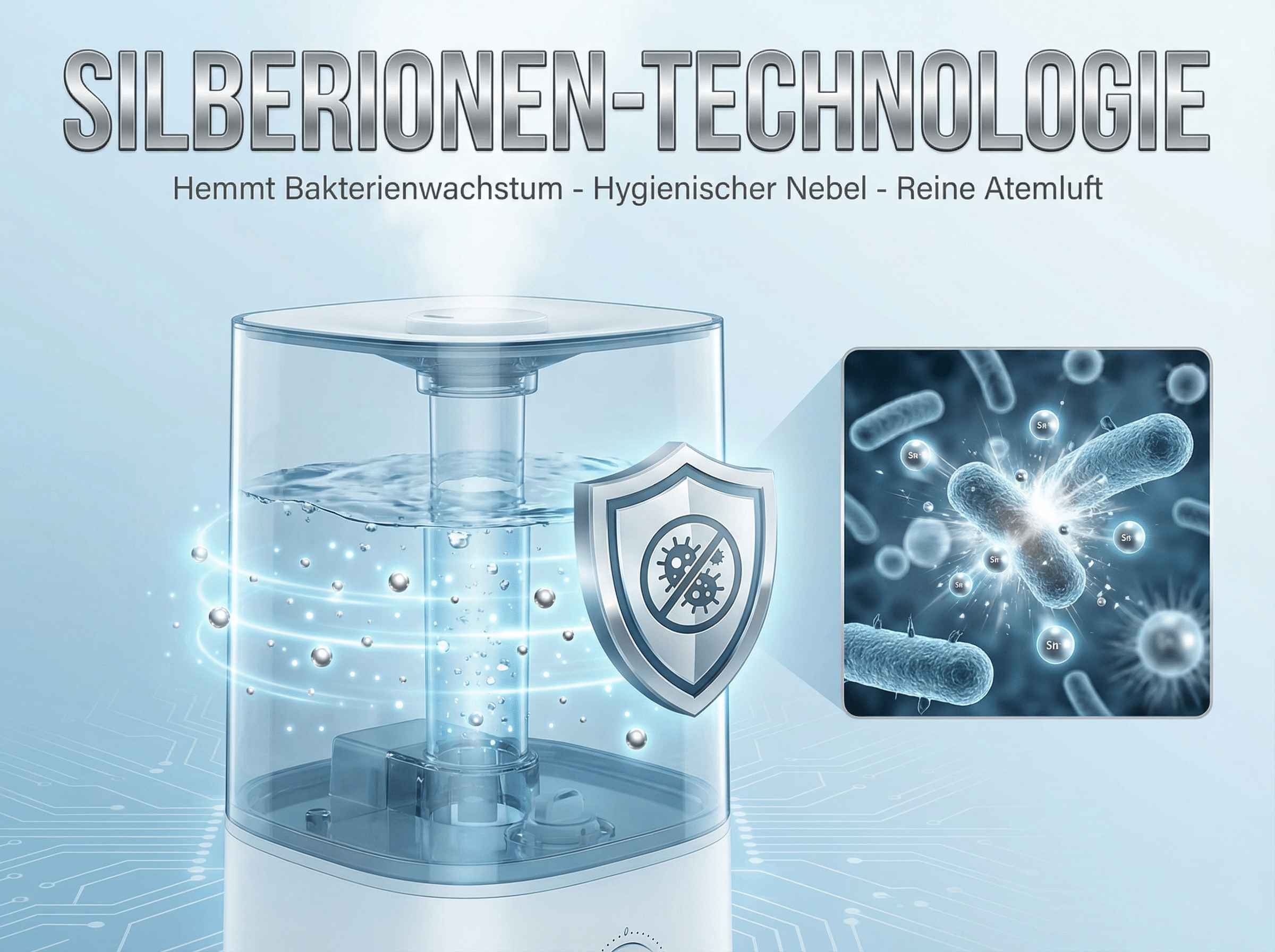 Luftbefeuchter mit Silberionentechnologie stoppt Bakterien. Hygienischer Nebel.