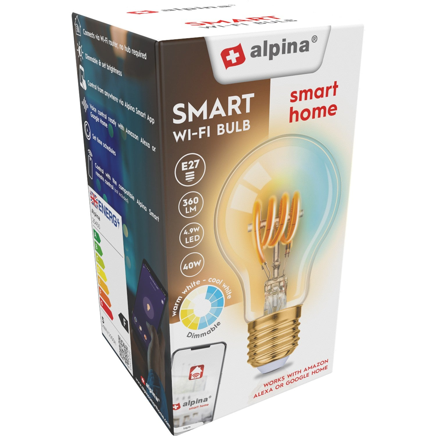 Confezione di una lampadina smart Wi-Fi Alpina con caratteristiche e specifiche.