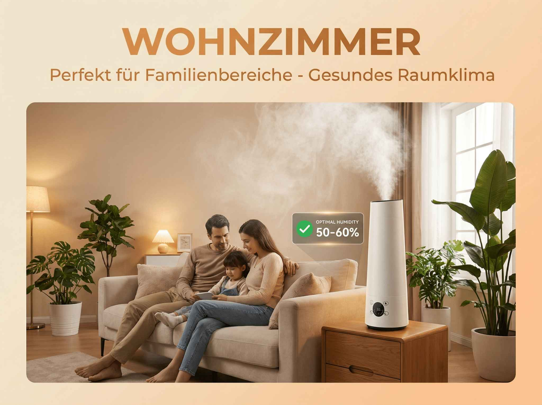 Familie im Wohnzimmer mit Luftbefeuchter und Nebel.