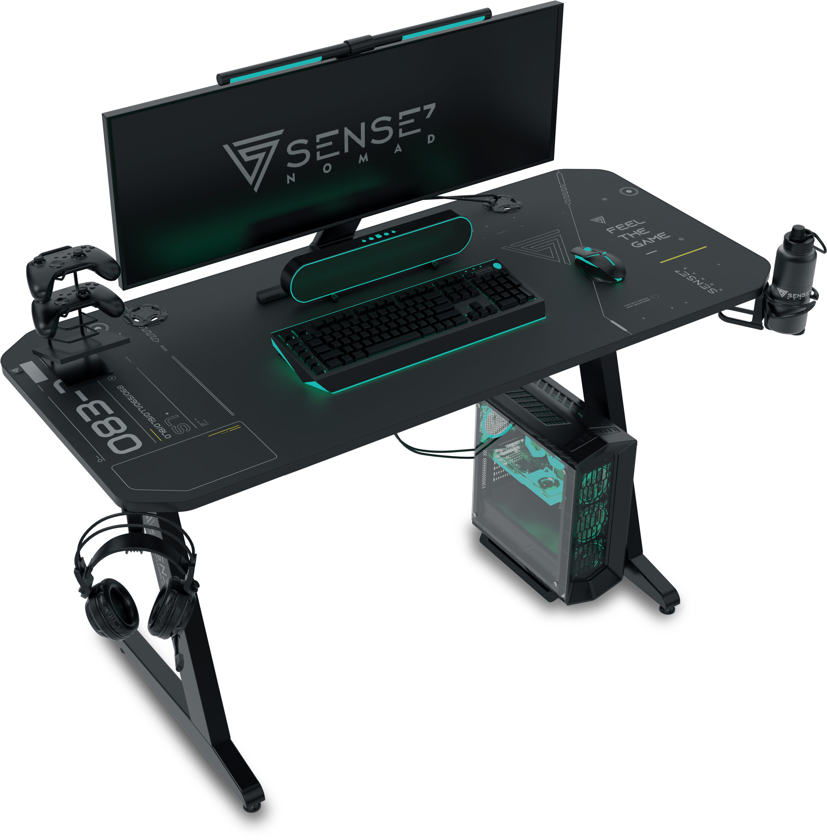 Zwart gamingbureau met monitor, toetsenbord, muis, pc en controllers.
