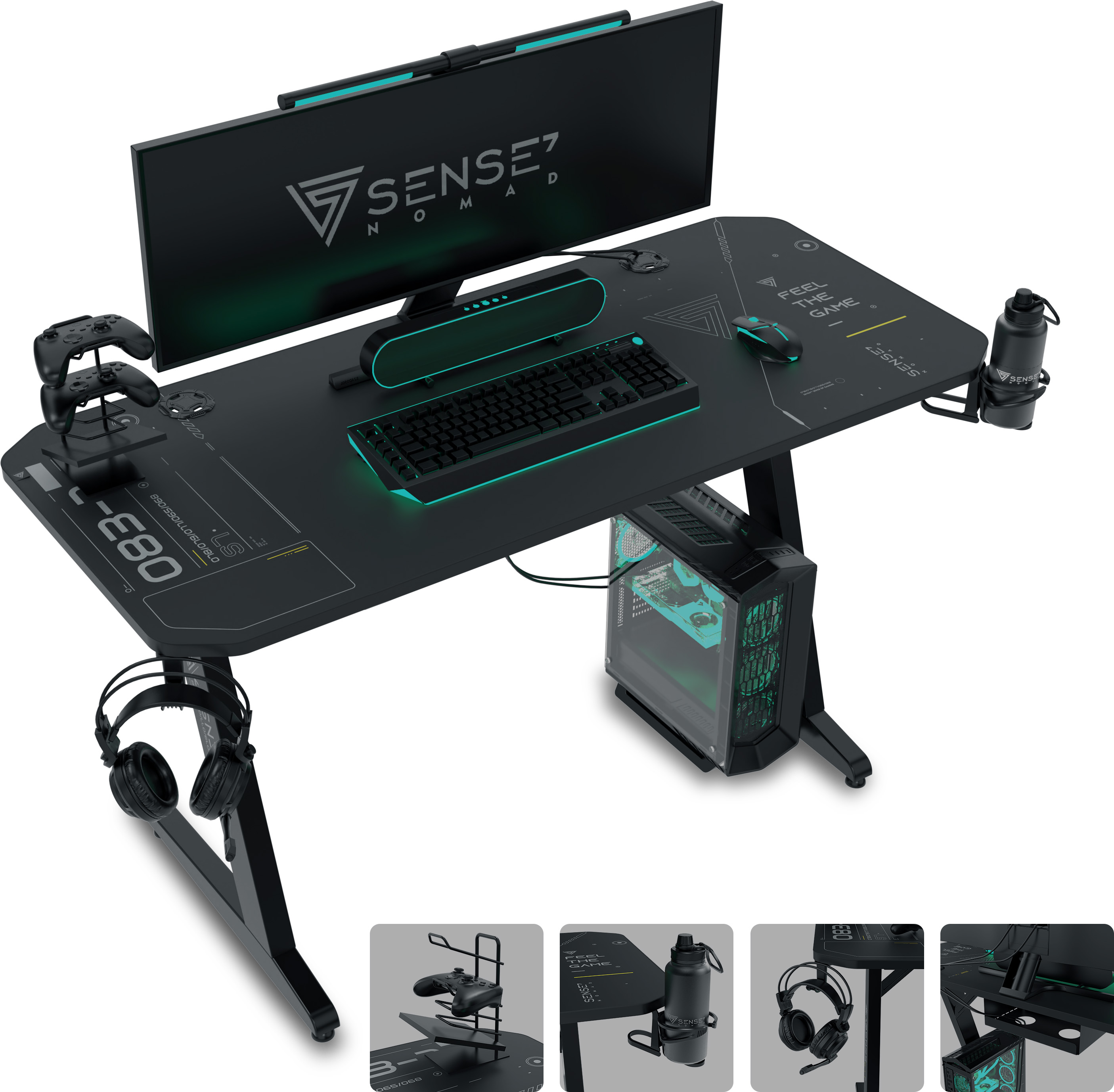 Een zwarte gaming bureau met monitor, toetsenbord, muis, controllers en pc.