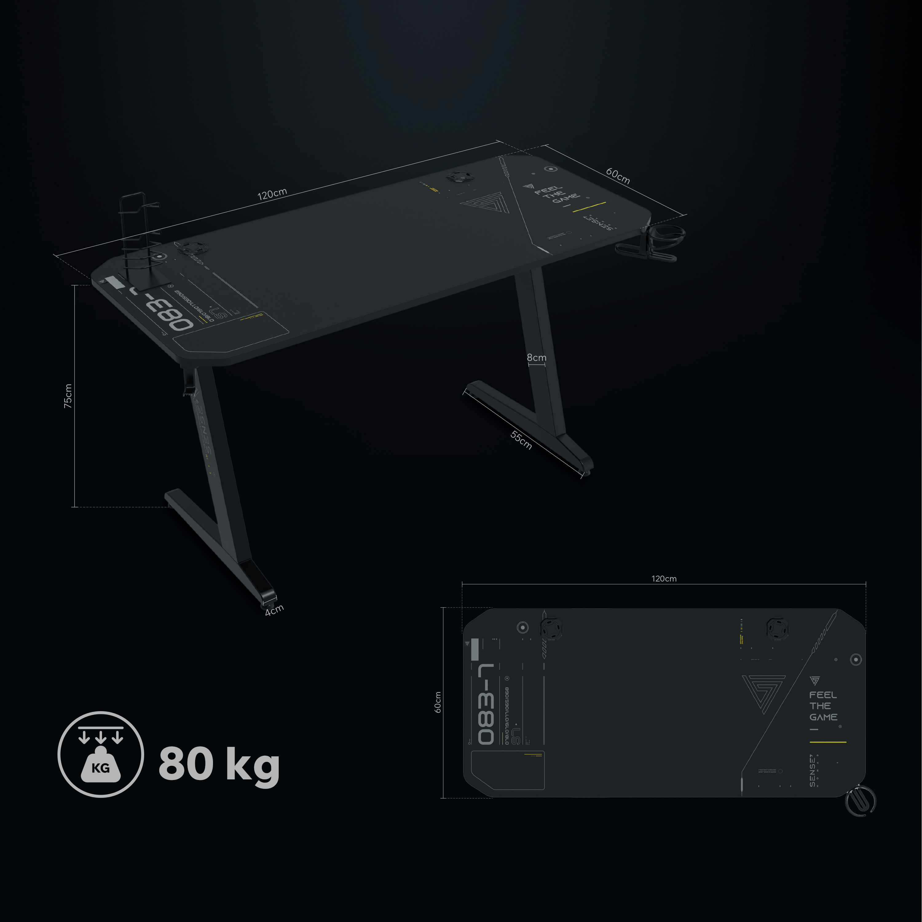 Zwarte gaming bureau met afmetingen, tekst en gewicht (80 kg).