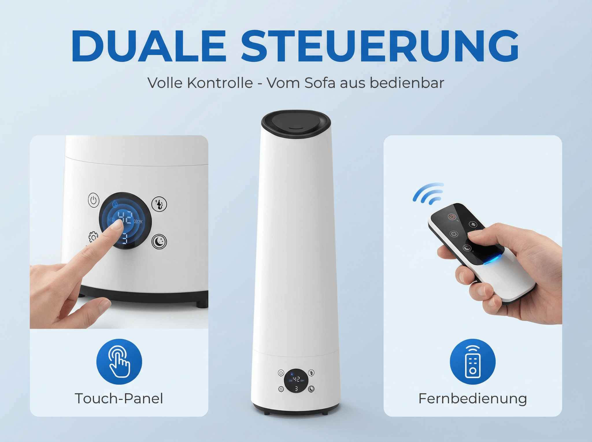Luftbefeuchter mit Touch-Panel und Fernbedienung.