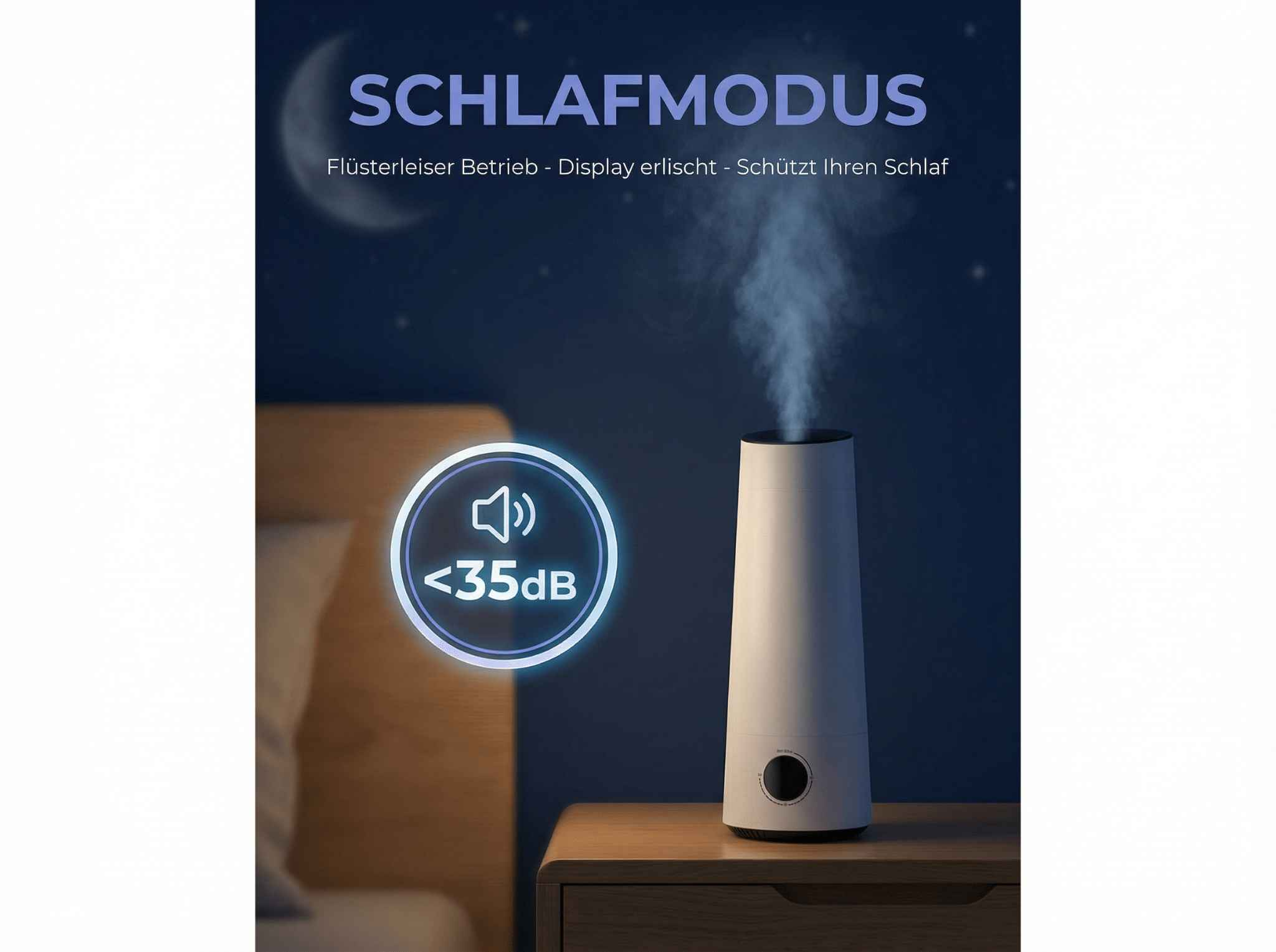 Luftbefeuchter im Schlafmodus mit <lt/>35dB Geräuschpegel auf Nachttisch.