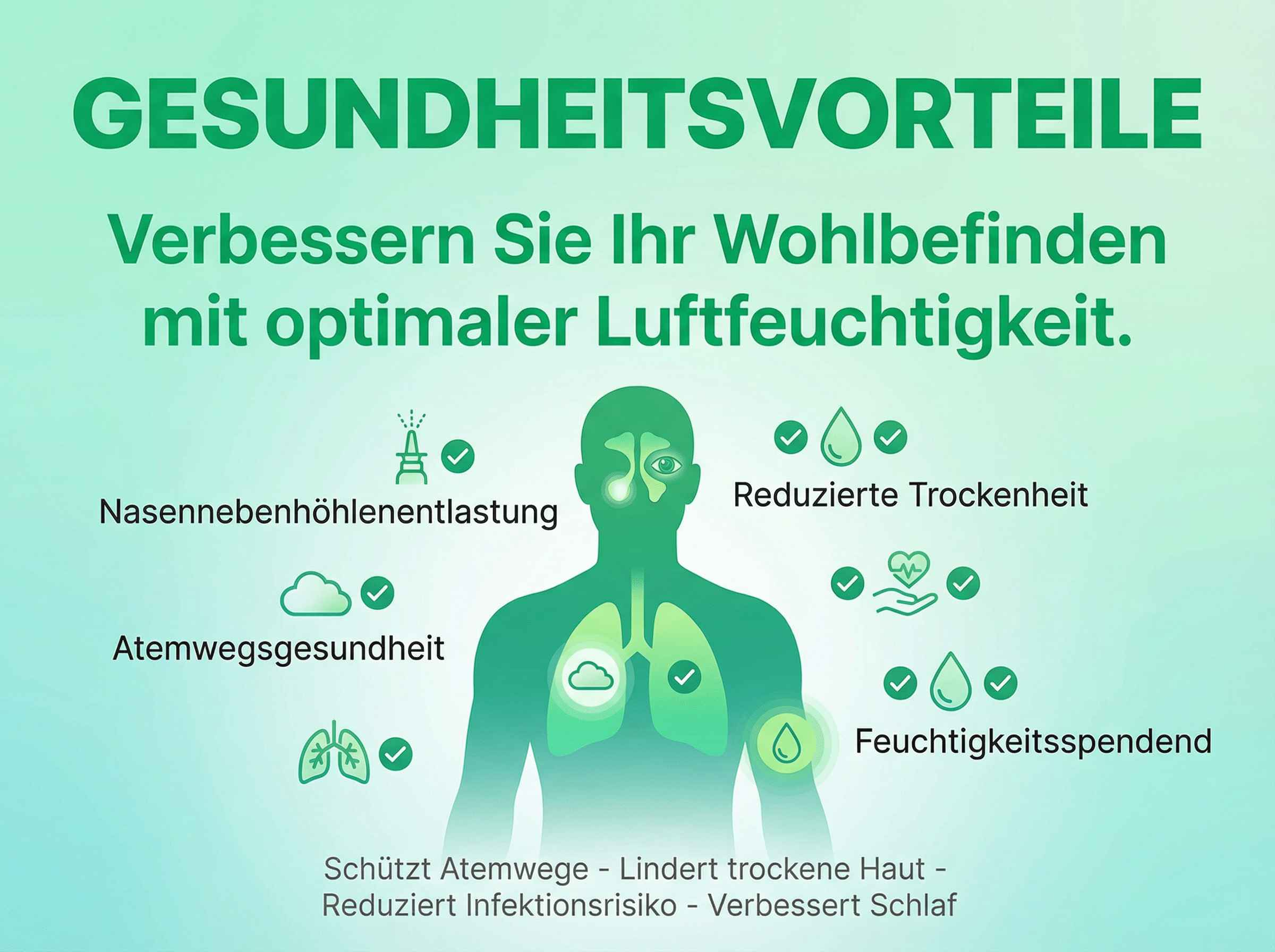 Gesundheitsvorteile durch optimale Luftfeuchtigkeit: Entlastung, weniger Trockenheit.
