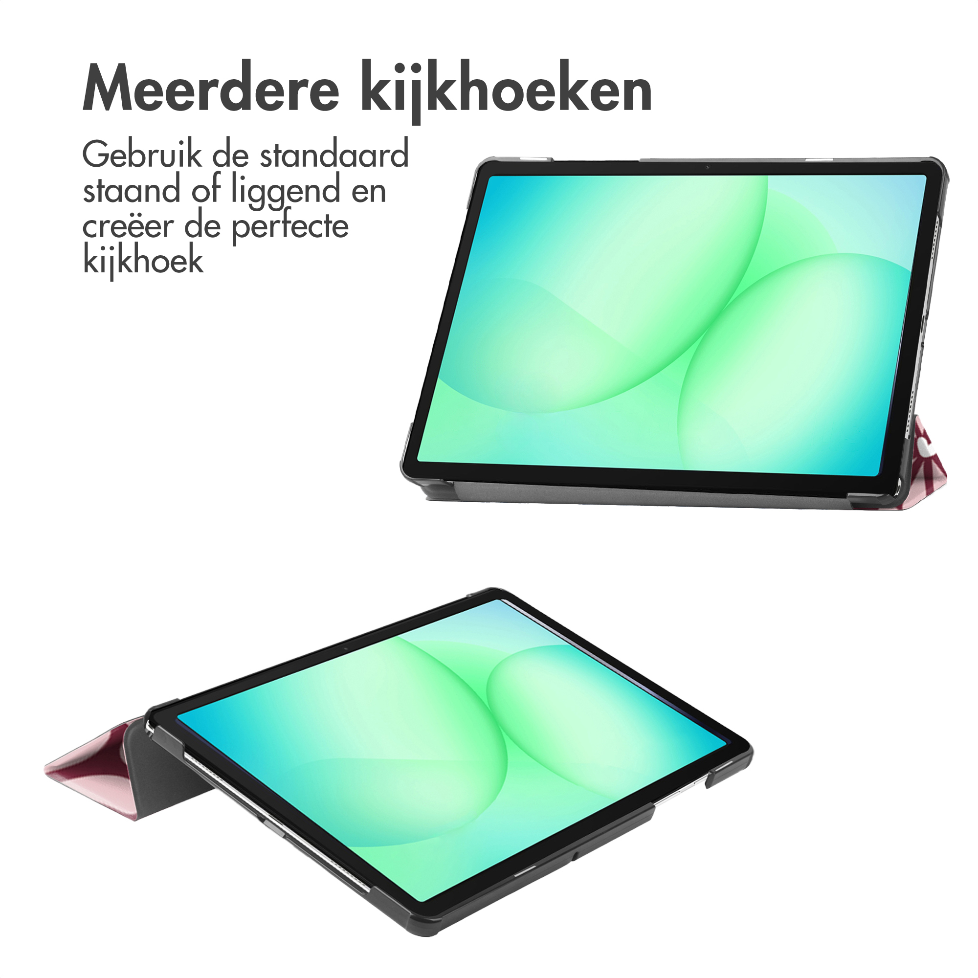 Une tablette avec étui de protection montrée sous deux angles, debout et couchée.