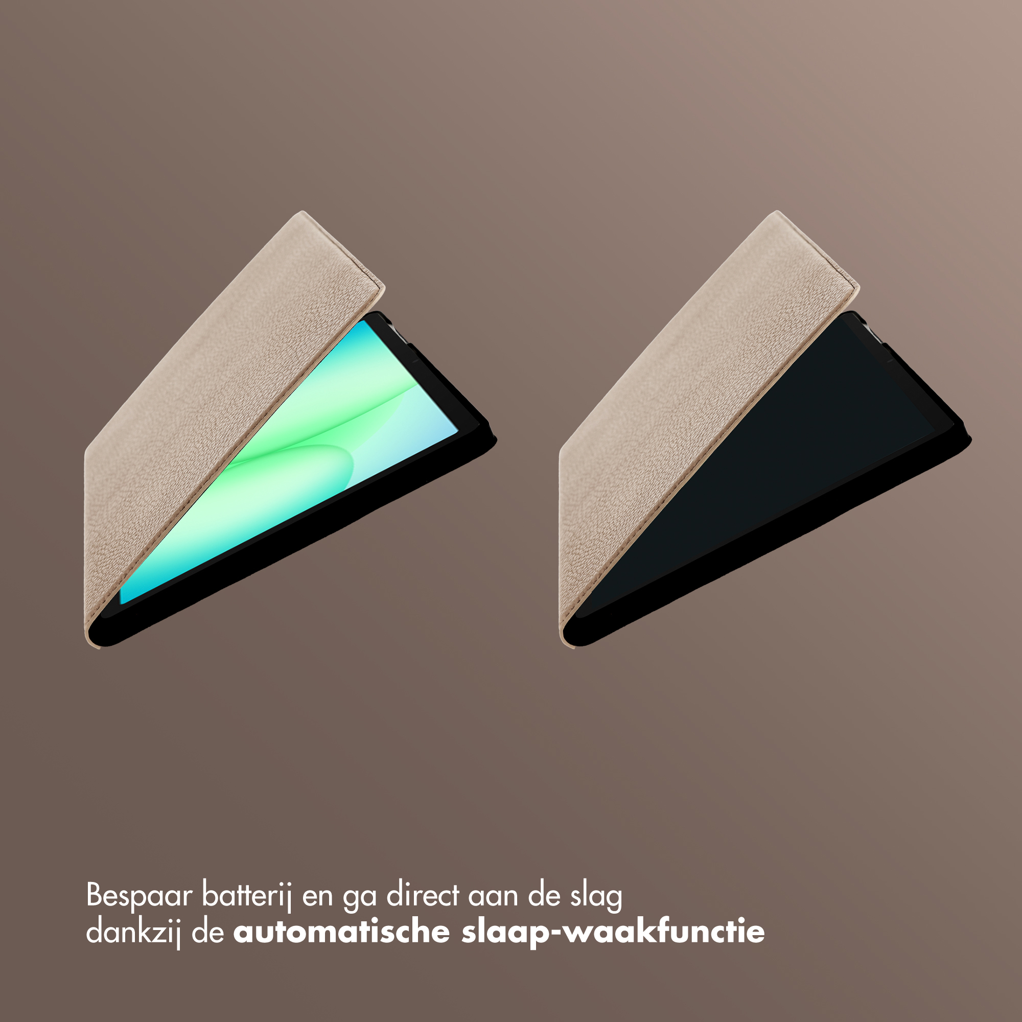 Een beige tablethoes toont een tablet met blauwgroen scherm en een tablet met zwart scherm.