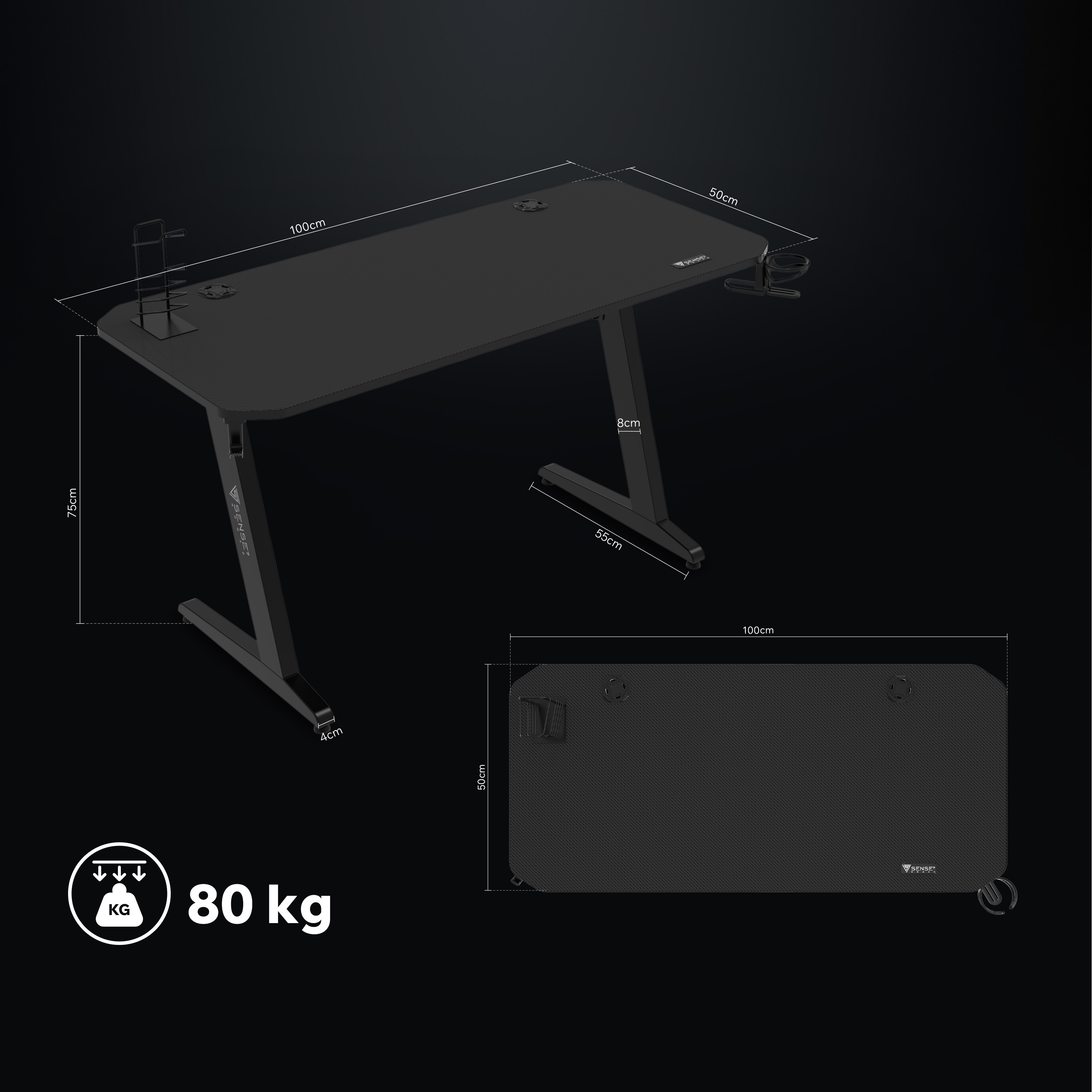 Zwart gamingbureau, 100cm B x 75cm H. Z-vormige poten, bekerhouder, hoofdtelefoonstandaard. Max. belasting 80kg.