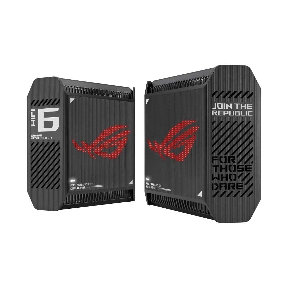 Dos routers negros para juegos ASUS ROG con logo y texto rojos.