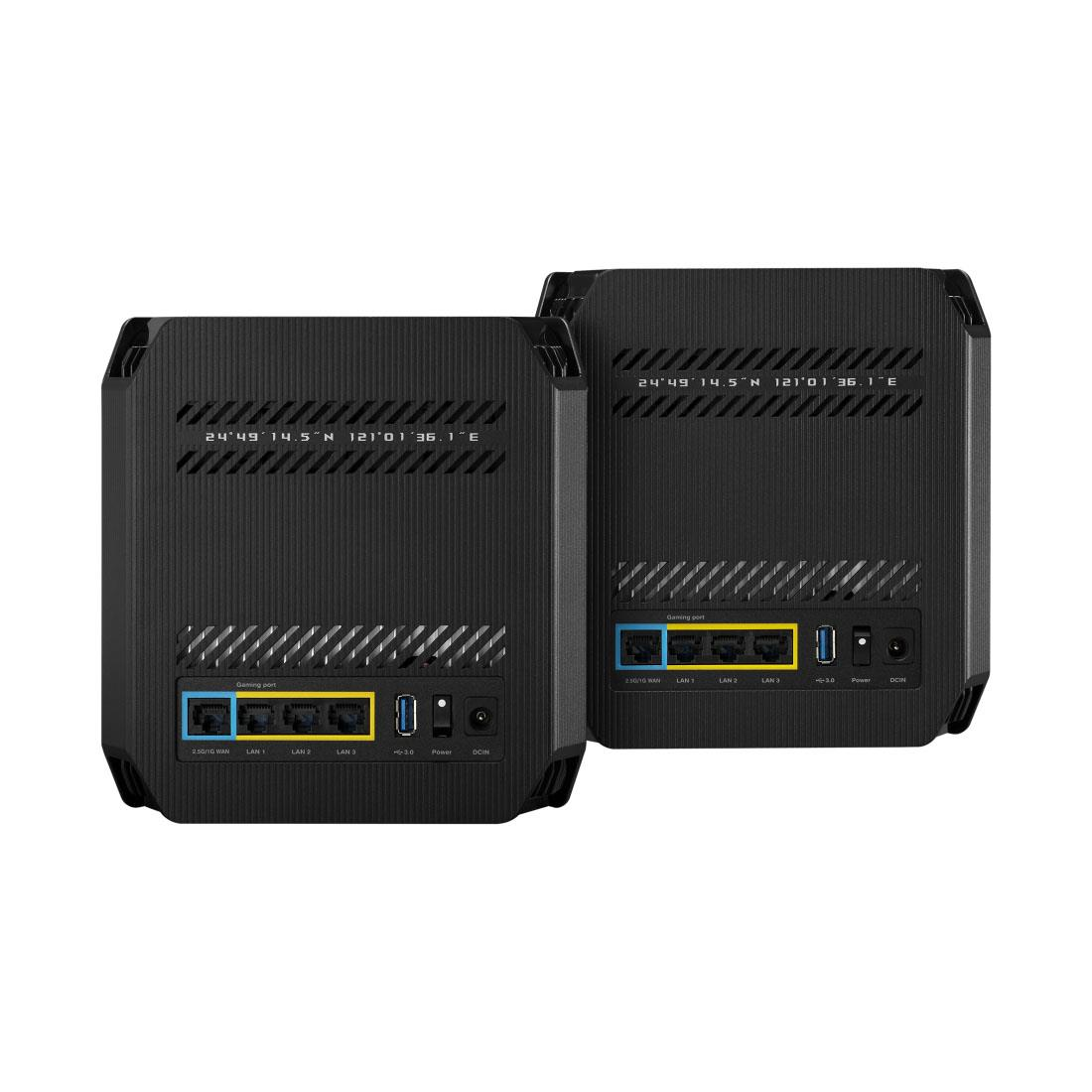 Dos routers negros con rejillas, puertos visibles al frente.